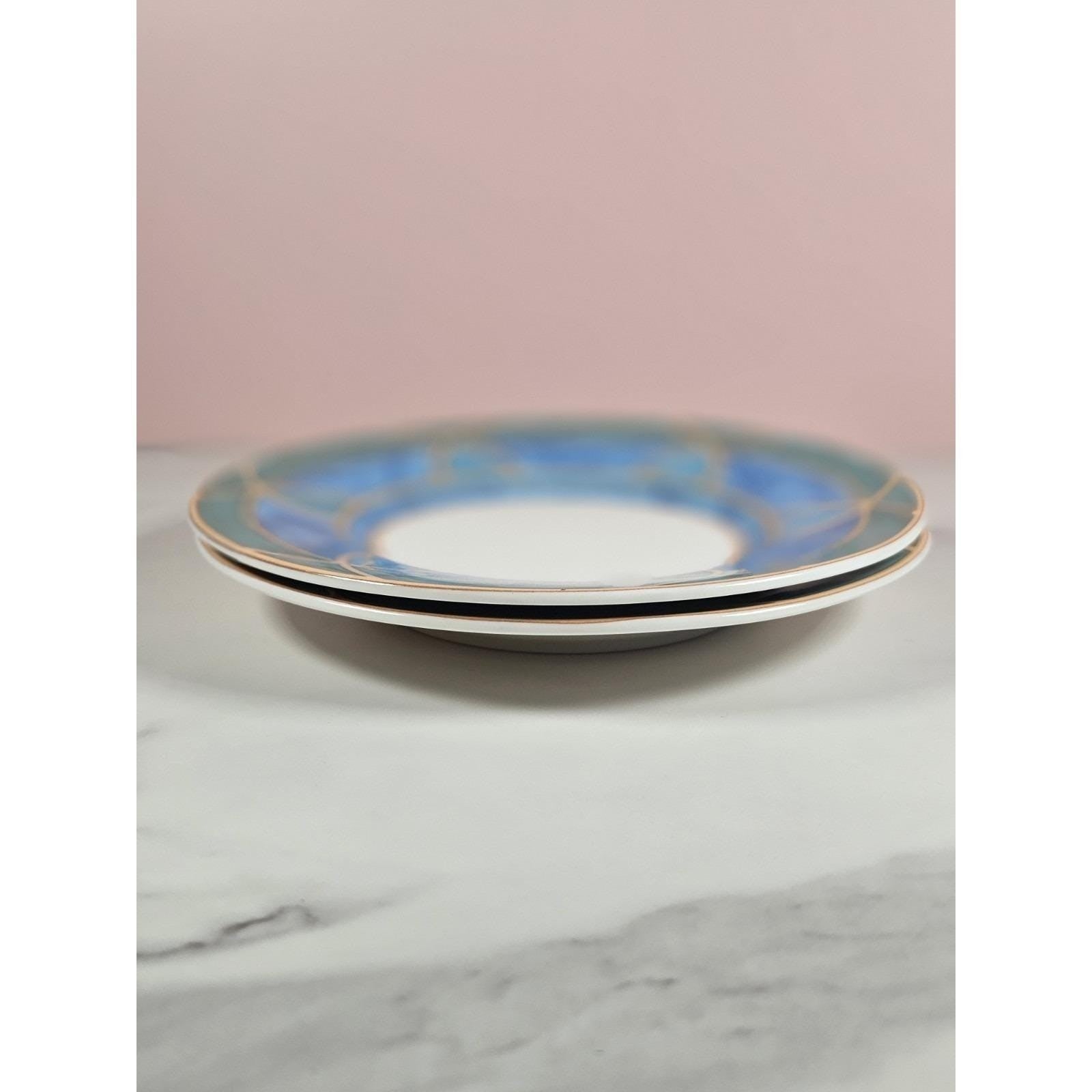 Vintage Stoneware Plates Blue Green Geometric Dessert Plates