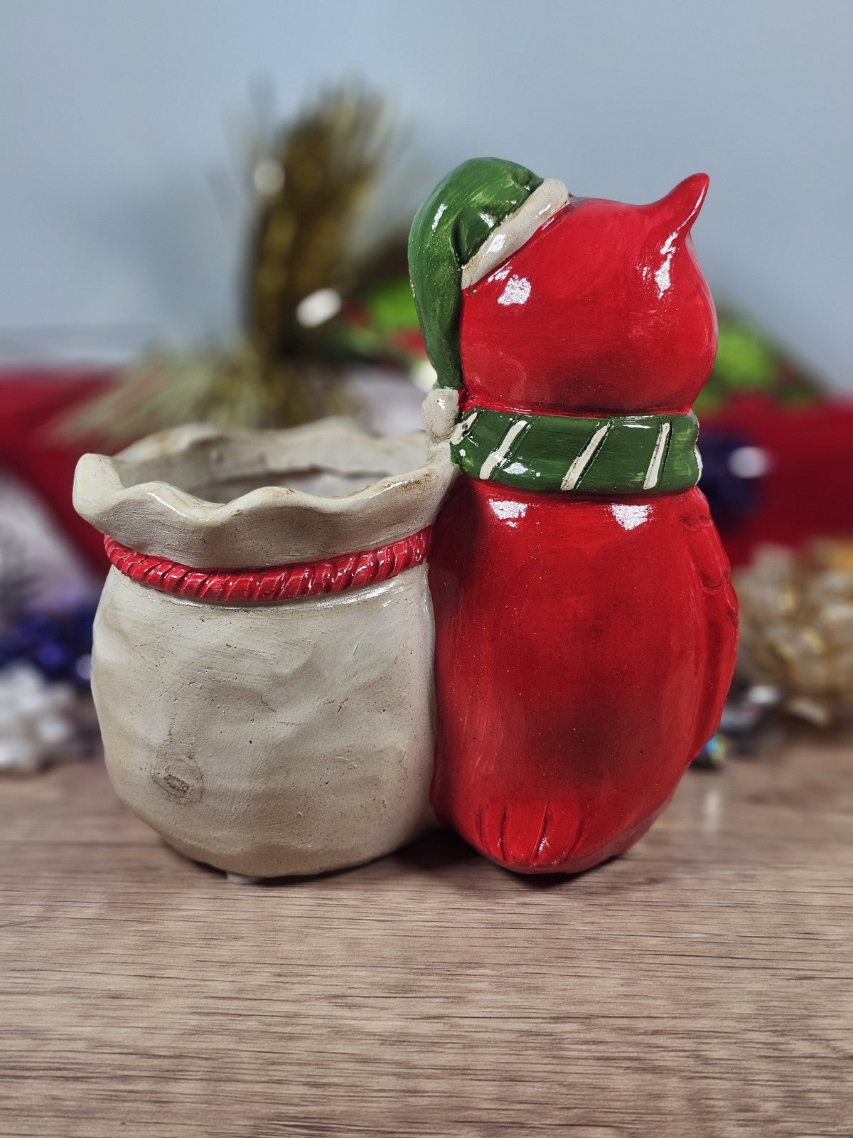 Vintage Christmas Owl Planter Figurine  80s Red Festive Decor  5.5" x 5" Fibergl