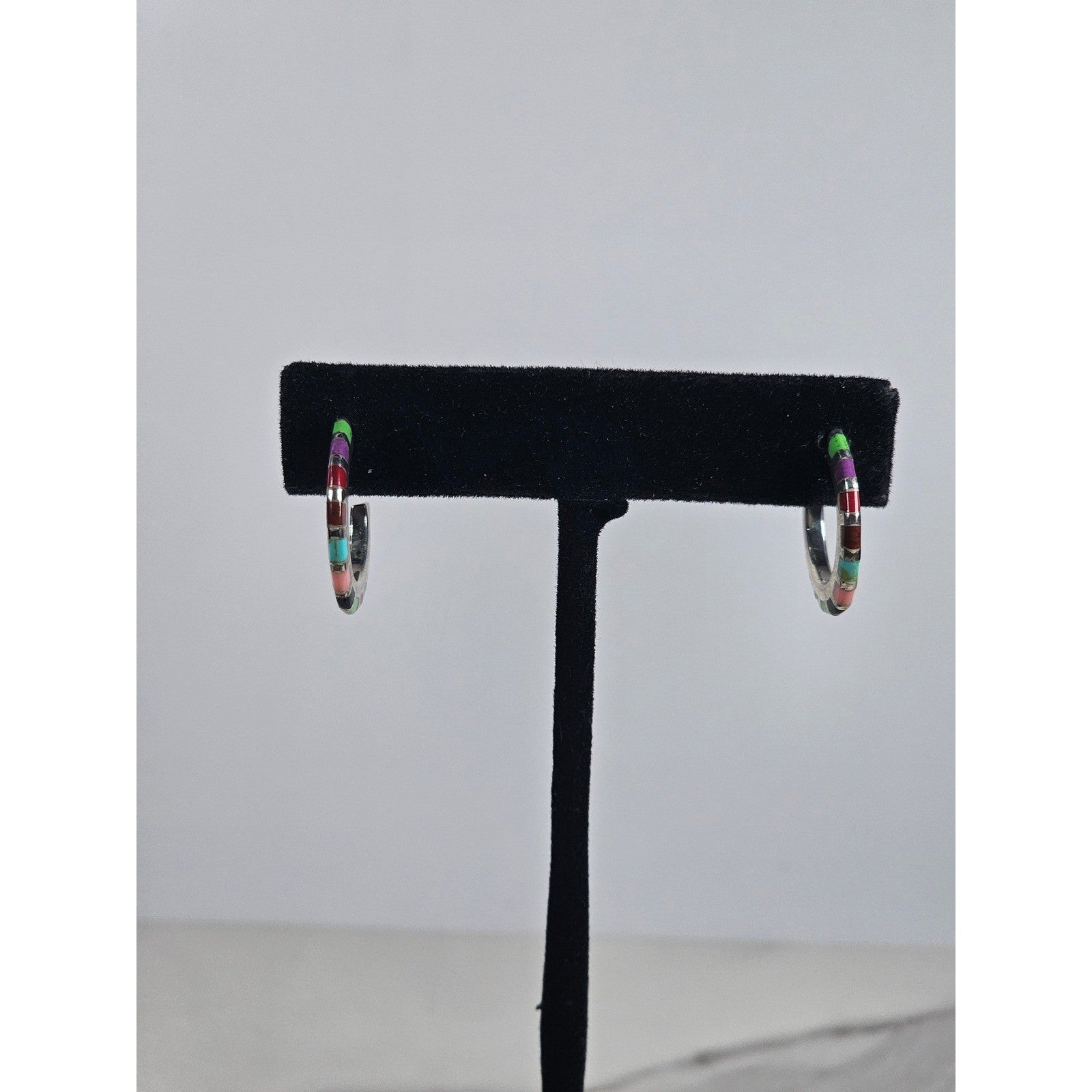Vintage Sterling Silver Multicolor Inlay Hoop Earrings .925