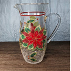 Vintage Poinsettia Glass Pitcher 72 oz Hand Painted Crackle Glass