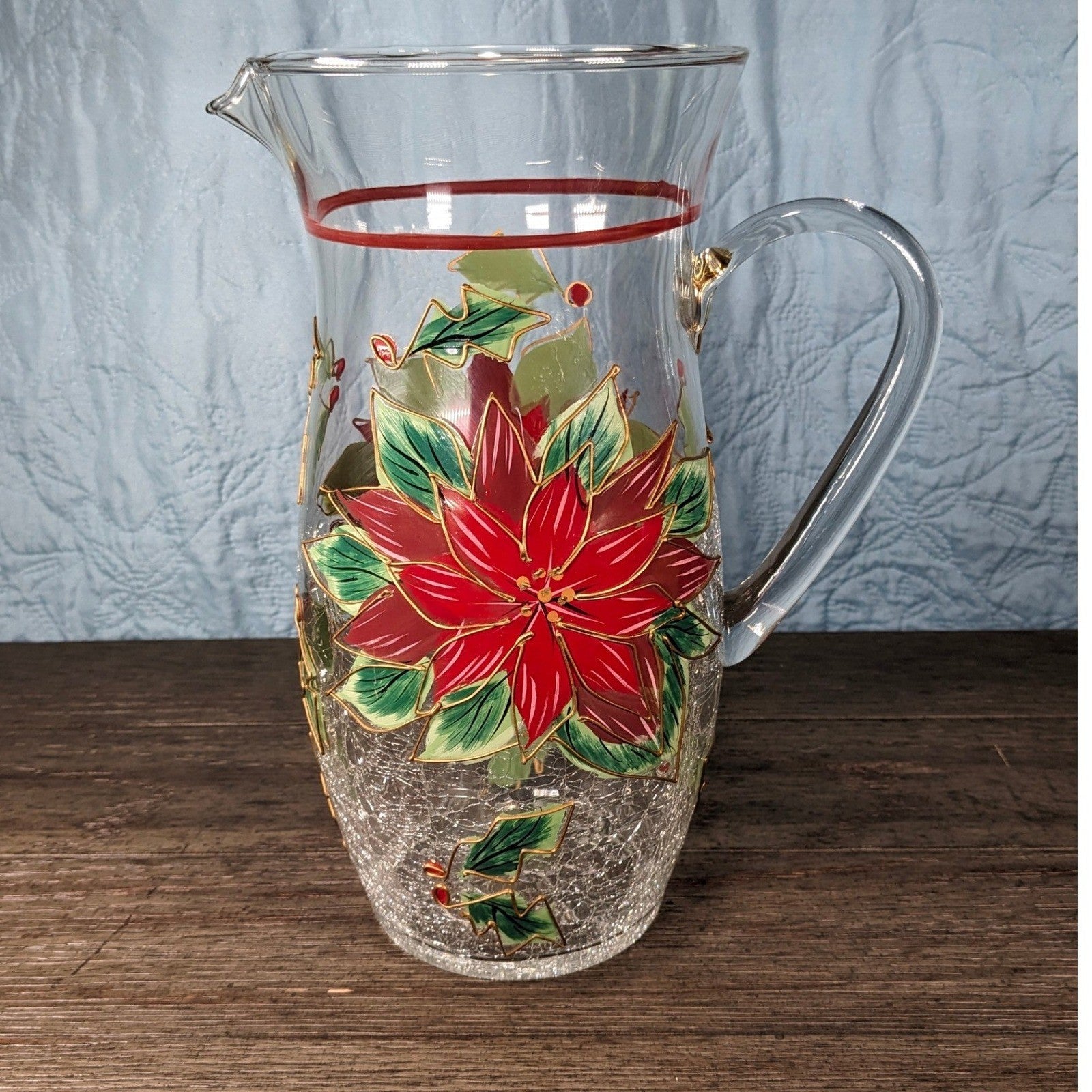 Vintage Poinsettia Glass Pitcher 72 oz Hand Painted Crackle Glass