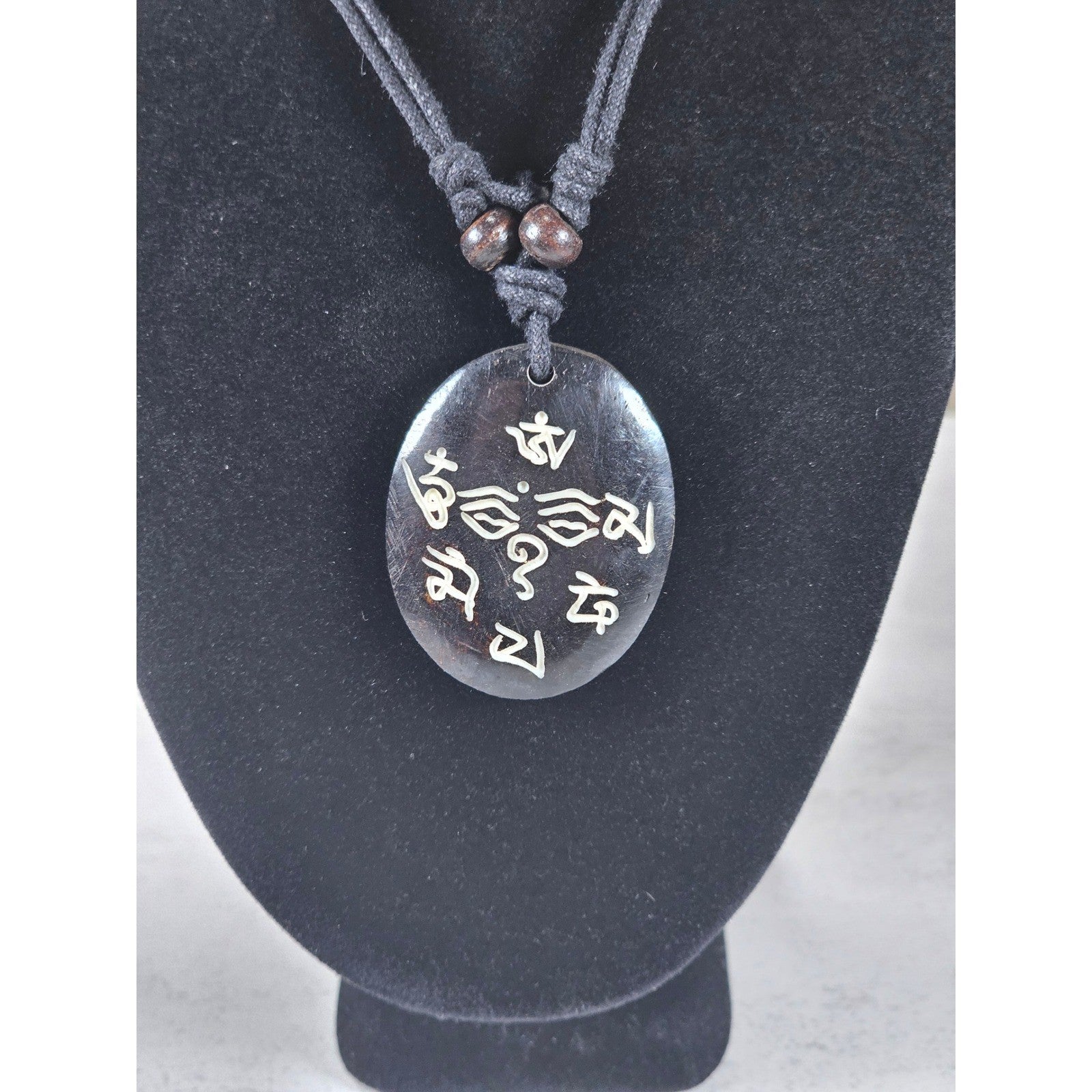 Vintage Script Pendant Necklace Black Cord Spiritual Symbol Medallion