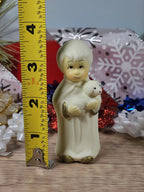 1980s Vintage White & Gold Tone 3½″ Nativity Wise Man Figurine Holding Lamb