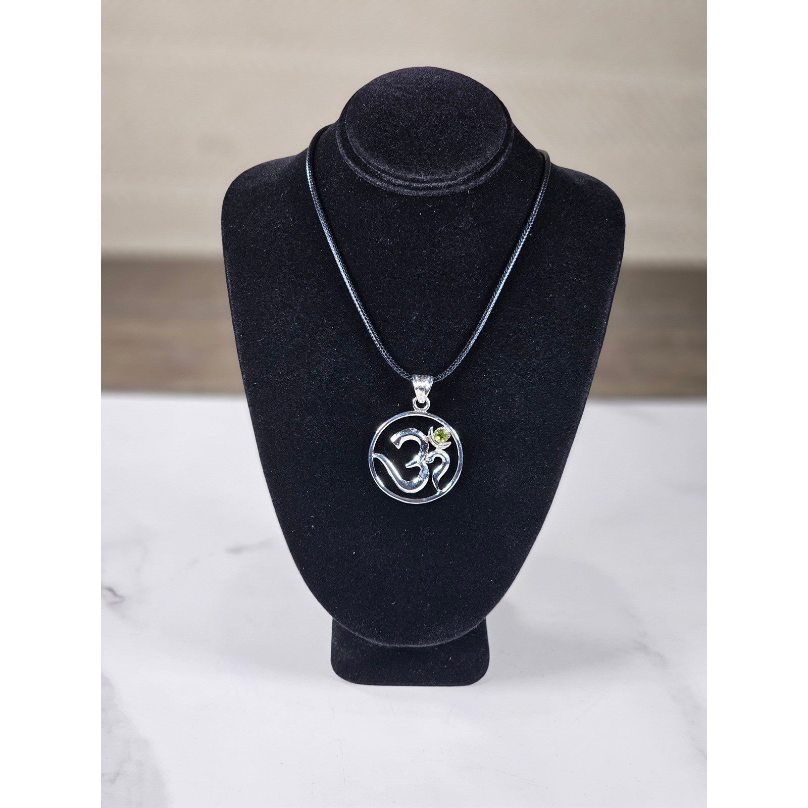 Vintage Sterling Silver Om Pendant with Green Stone Accent