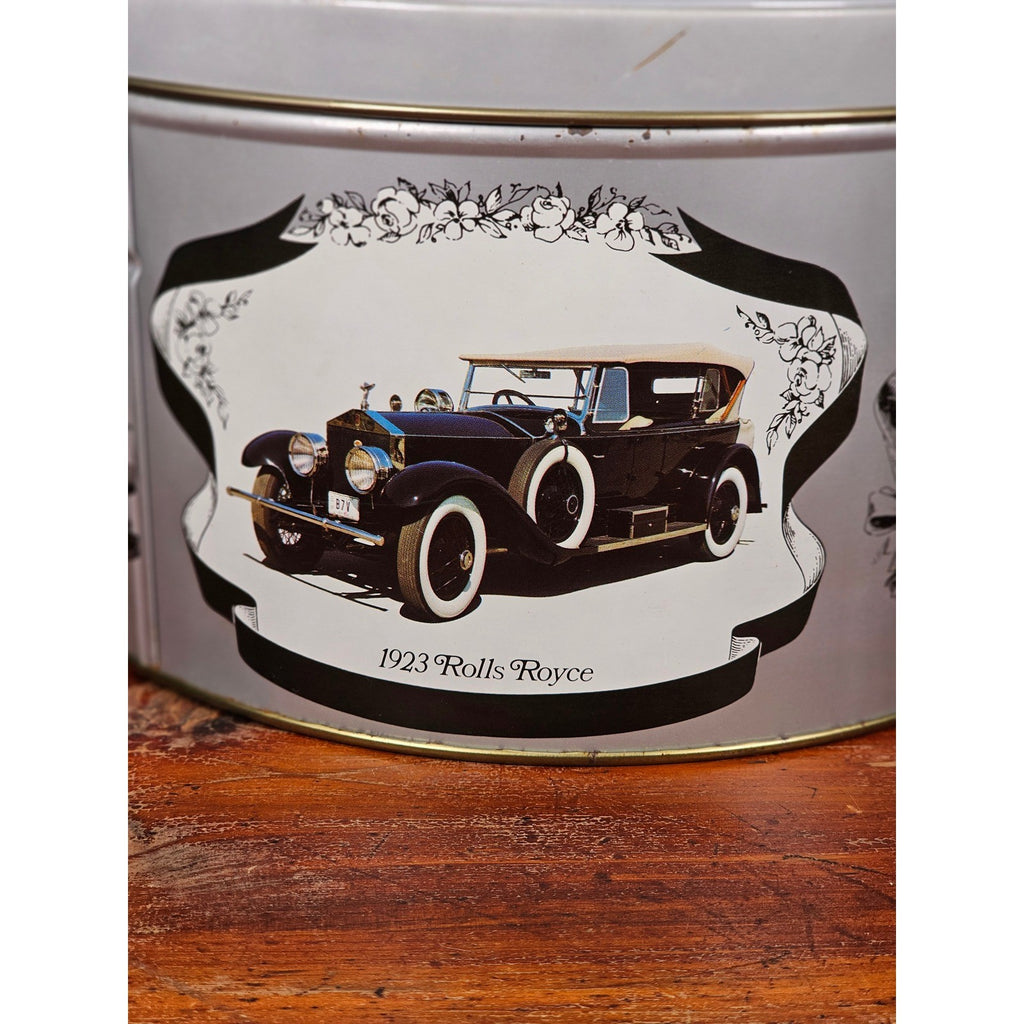 Vintage Classic Car Cookie Tin Empty Round Metal Motorcars from the Classic Era