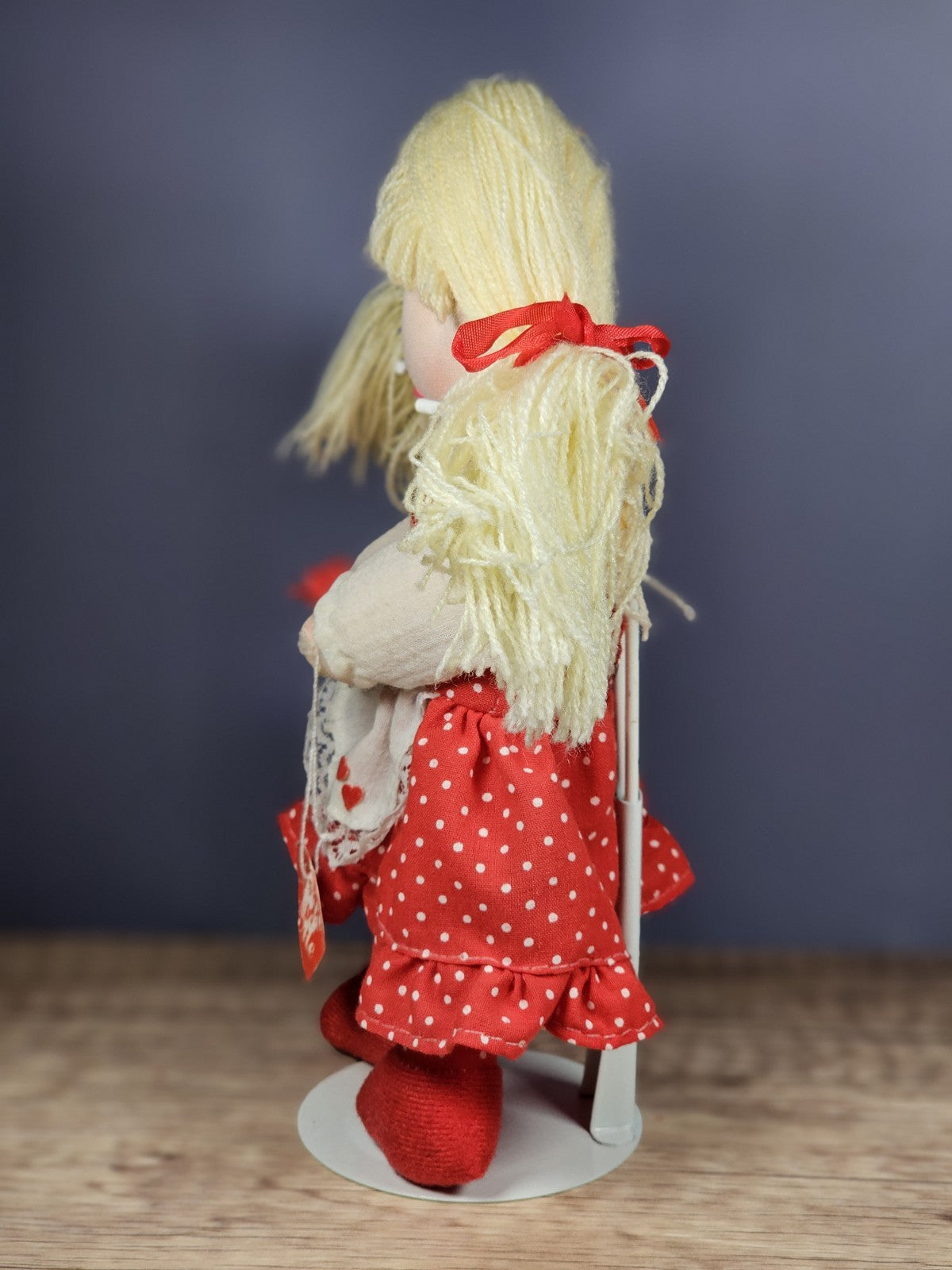 Vintage Rag Doll – Red Polka Dot Dress with Heart & Flower Accents