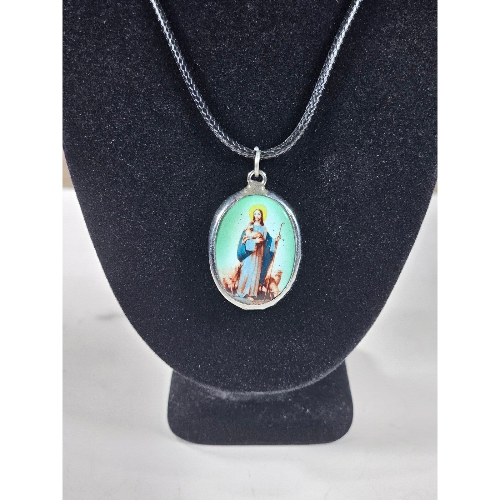 Vintage Madonna Pendant Necklace Blue Green Oval Religious Charm