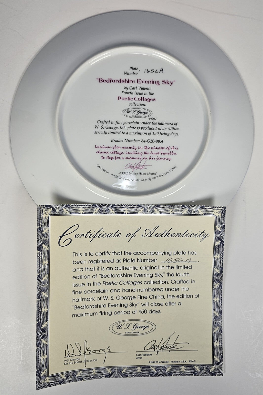 Bedfordshire Evening Sky Carl Valente Poetic Cottages Collector Plate 1992