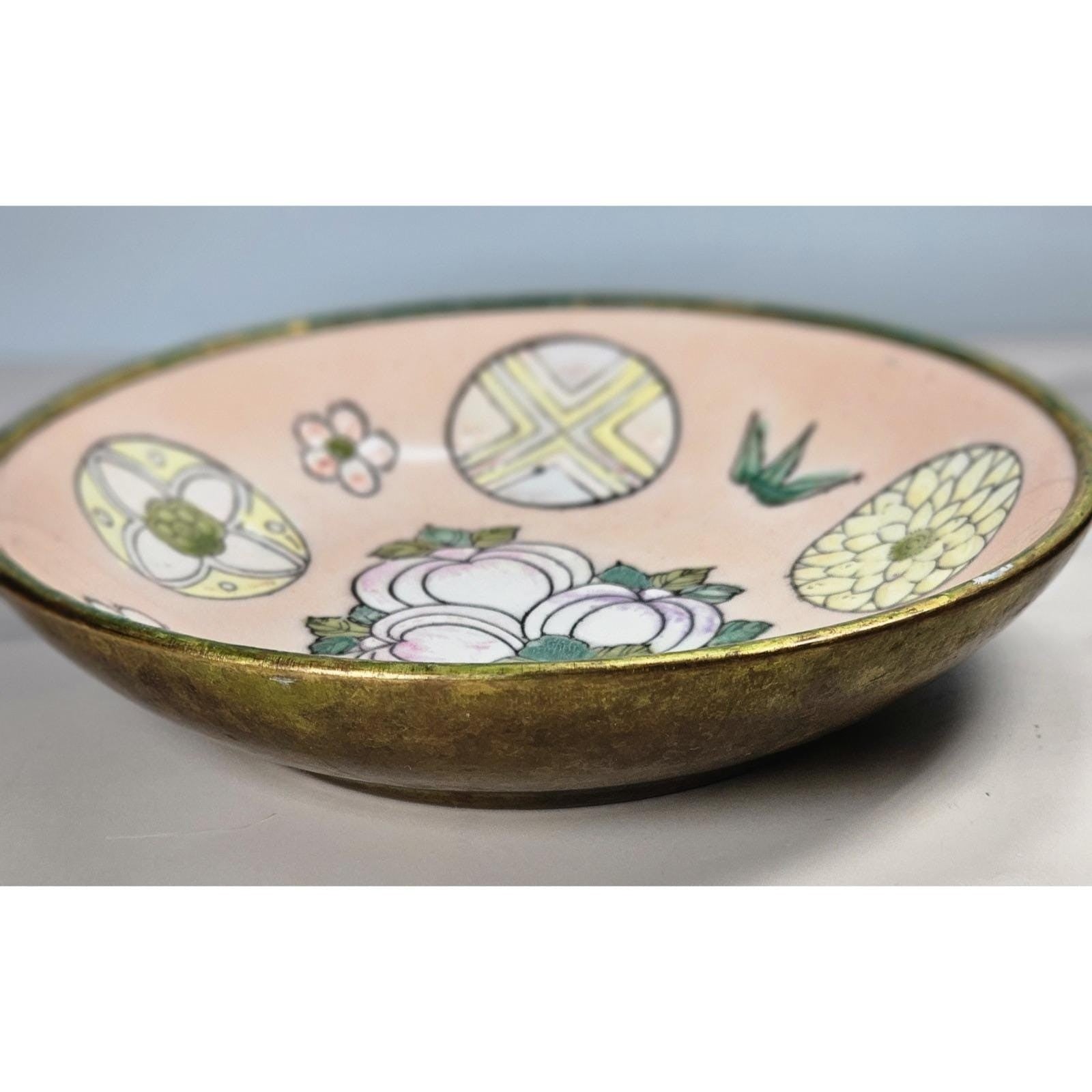 Vintage Hand-Painted Macau Floral Trinket Dish with Gold Rim