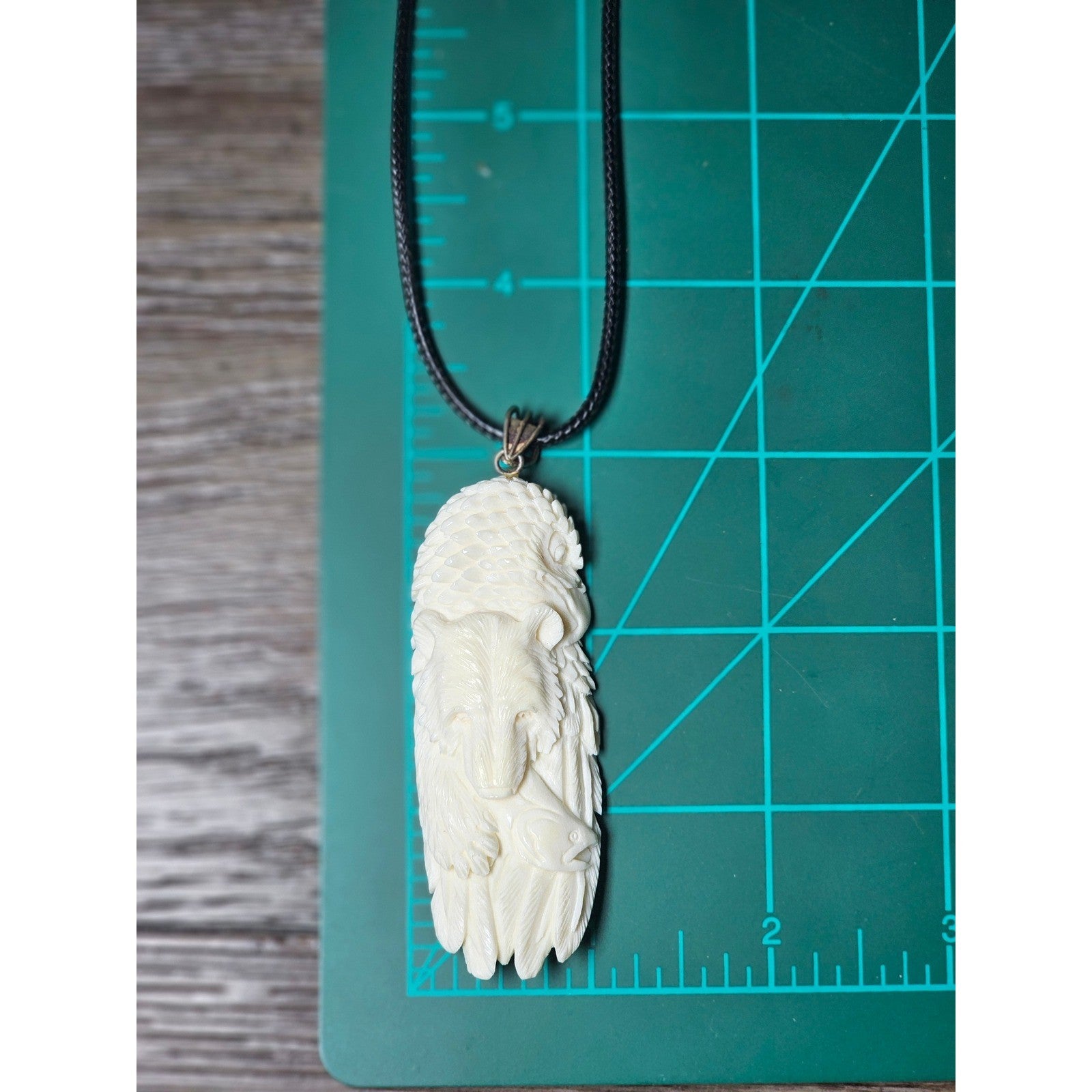 Vintage Carved Buffalo Bone Bear & Eagle Pendant Necklace – Hand Carved Totem 3"