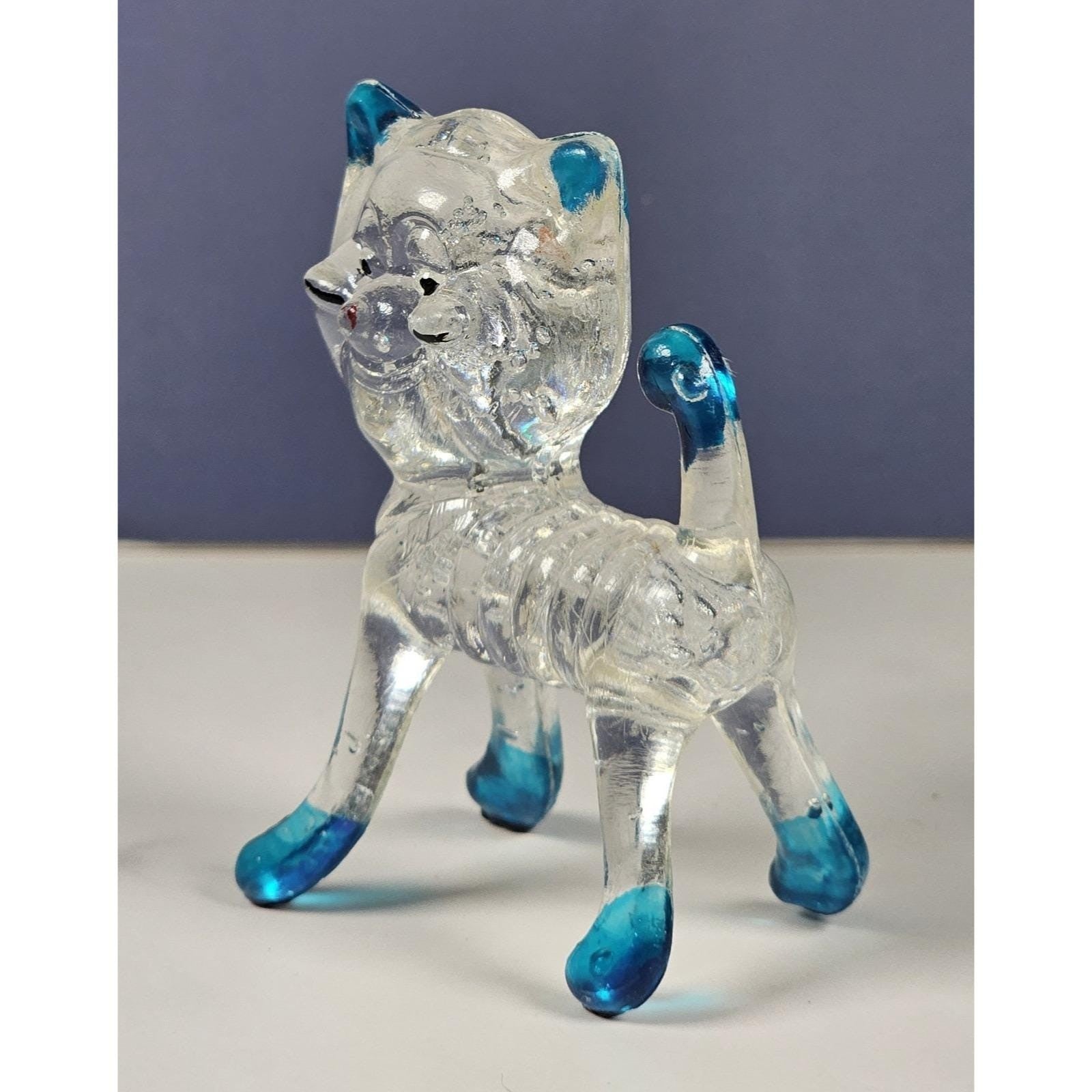 Vintage Lucite Cat Figurine Clear Blue Accents Hong Kong
