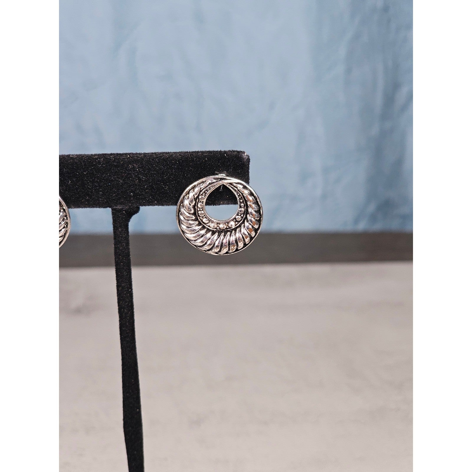 Vintage Silver-Tone Swirl Circle Stud Earrings with Rhinestone Accent