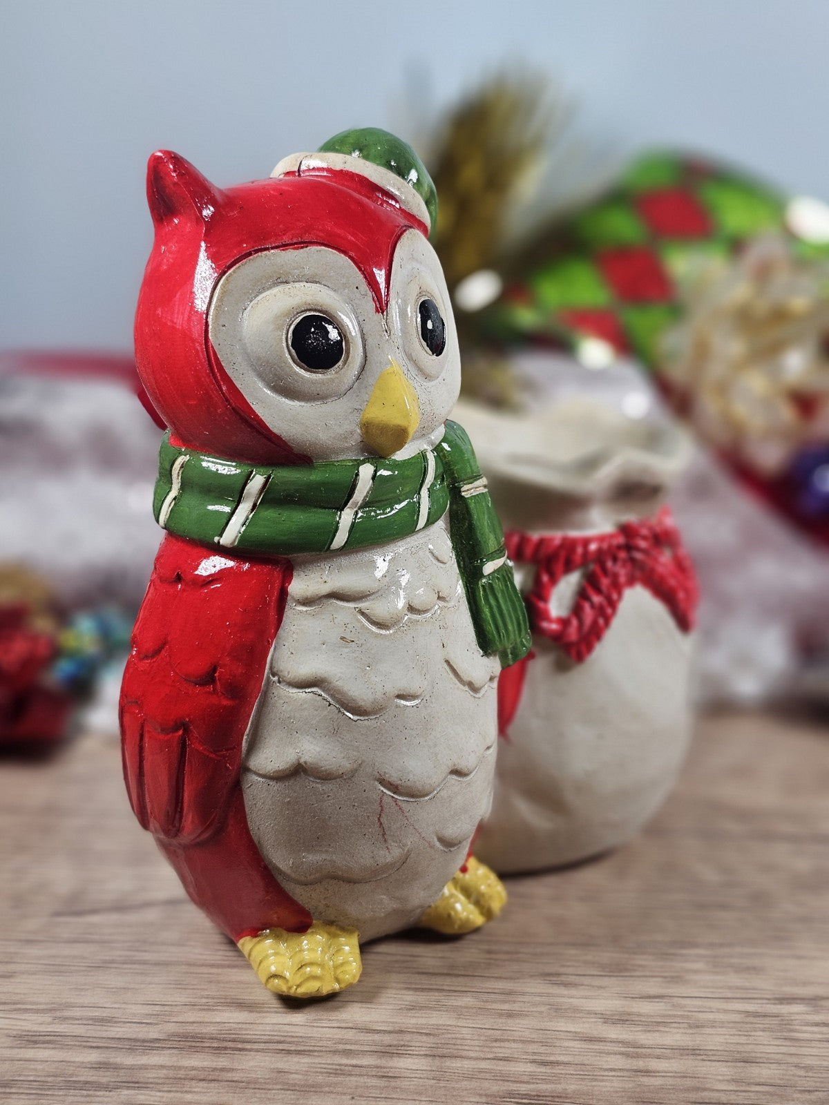 Vintage Christmas Owl Planter Figurine  80s Red Festive Decor  5.5" x 5" Fibergl