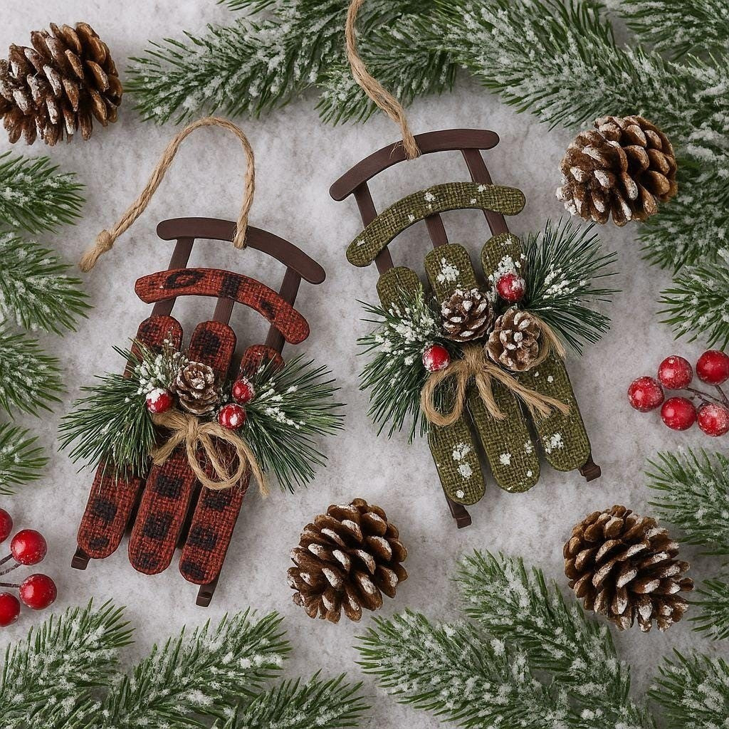 Vintage Style Christmas Sled Ornaments Set of 2 Red Green Holiday Decor
