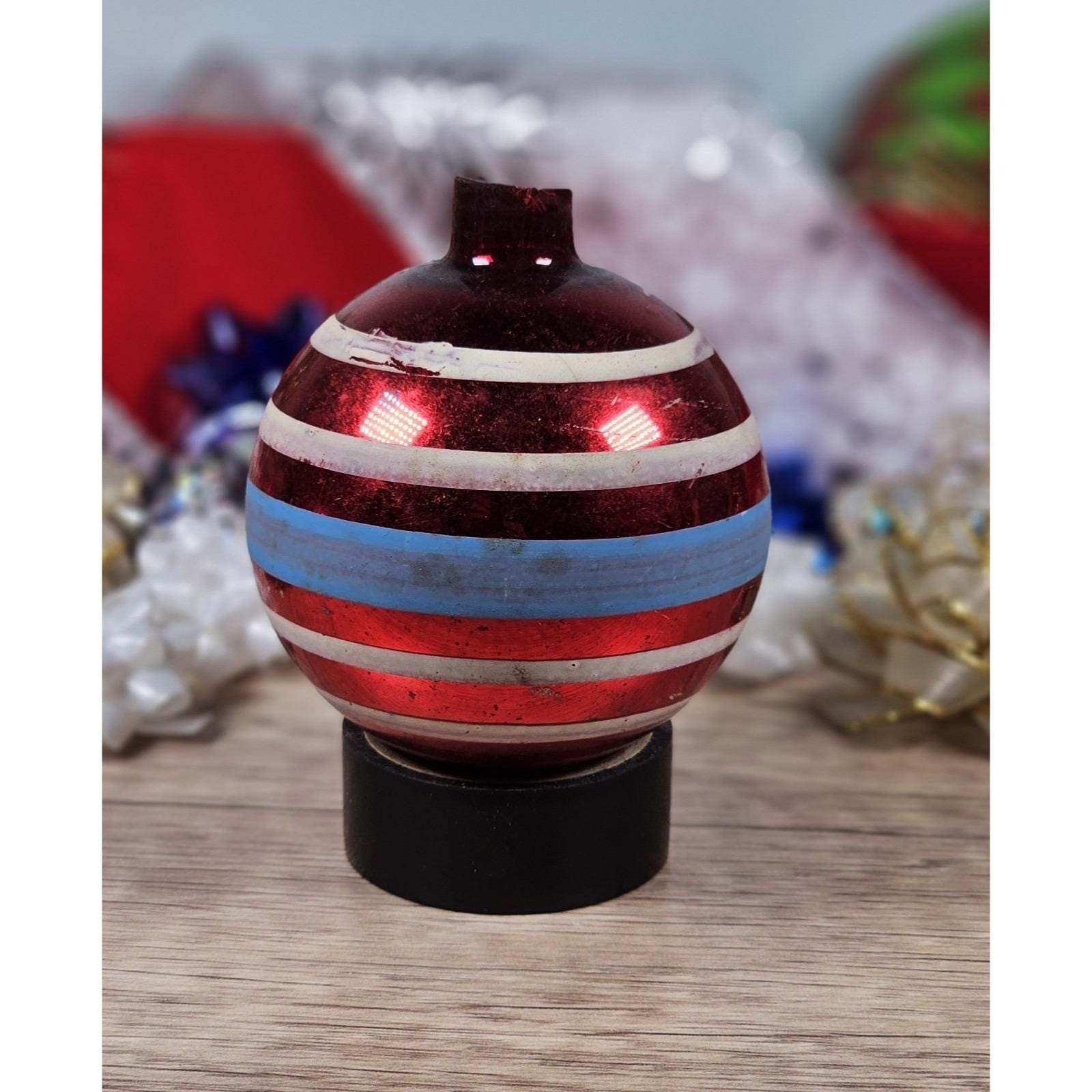 Vintage Hand Blown Glass Christmas Ornaments Stripes Stars Set of 3