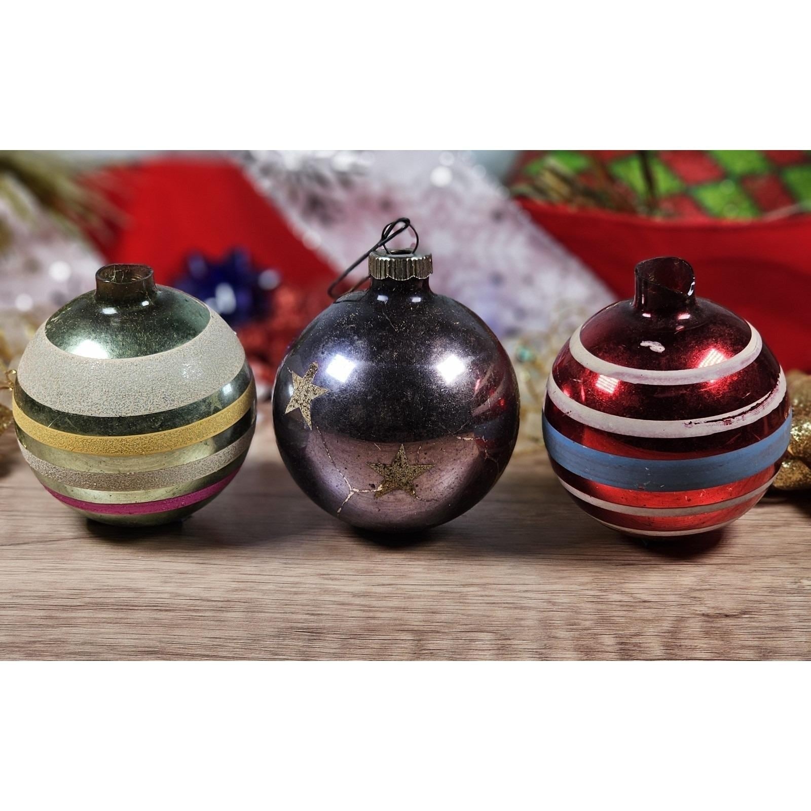 Vintage Hand Blown Glass Christmas Ornaments Stripes Stars Set of 3