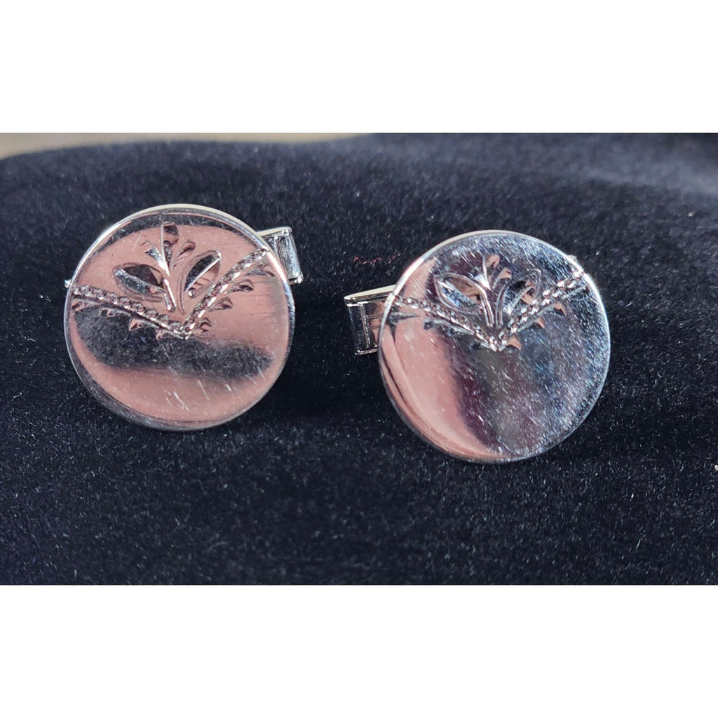 Vintage Silver Tone Round Cufflinks Leaf Engraved Design