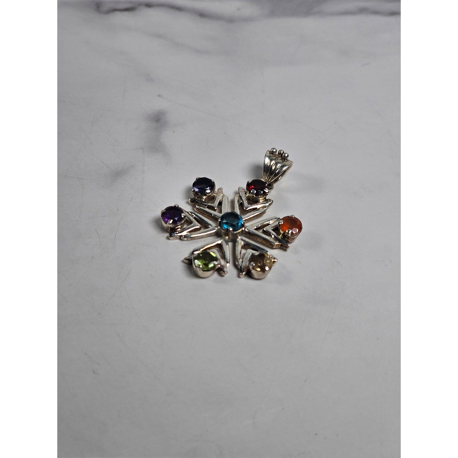 Vintage Sterling Silver Multistone Snowflake Pendant | Colorful Gemstone Charm