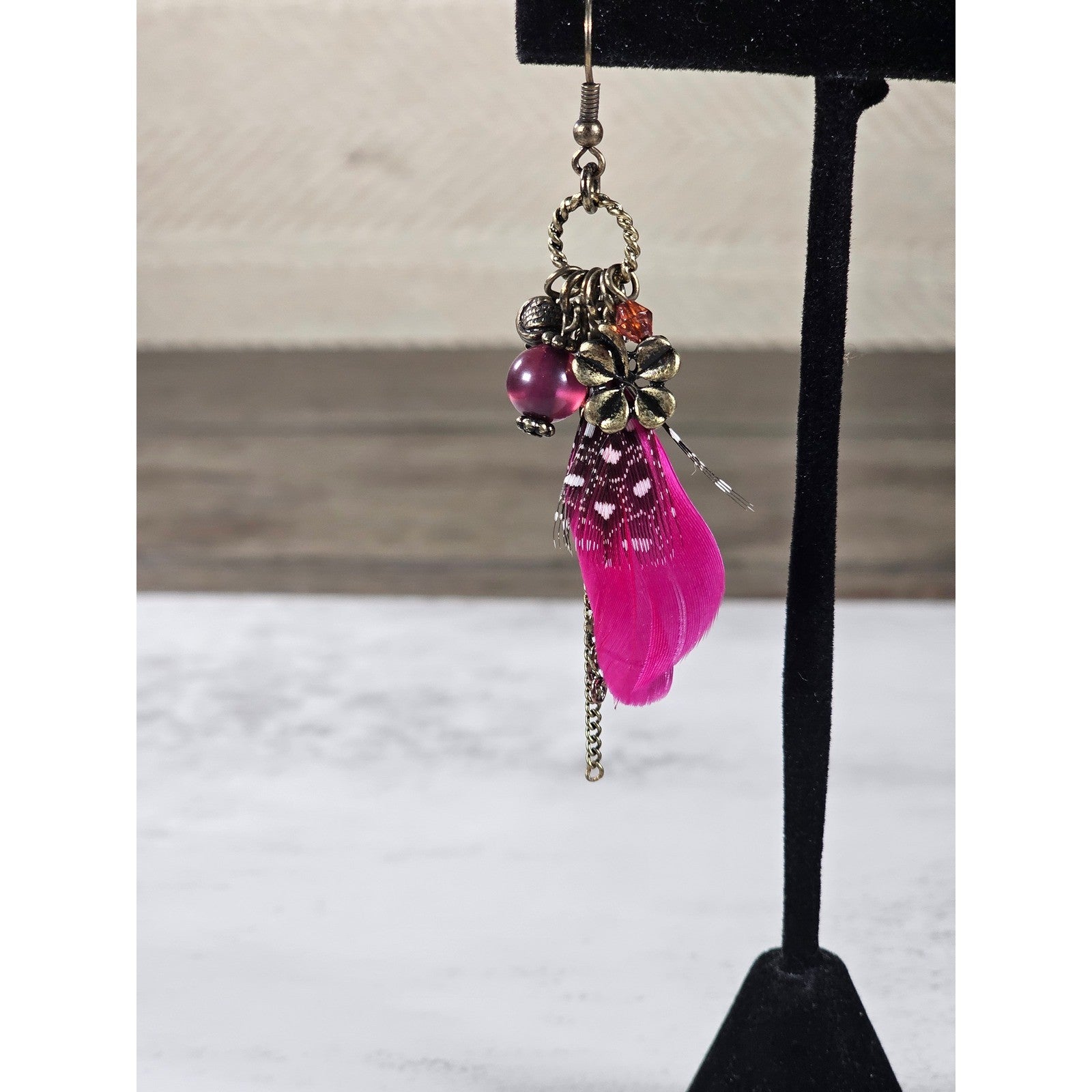 Vintage Pink Feather Charm Earrings Floral Boho Dangle Drop