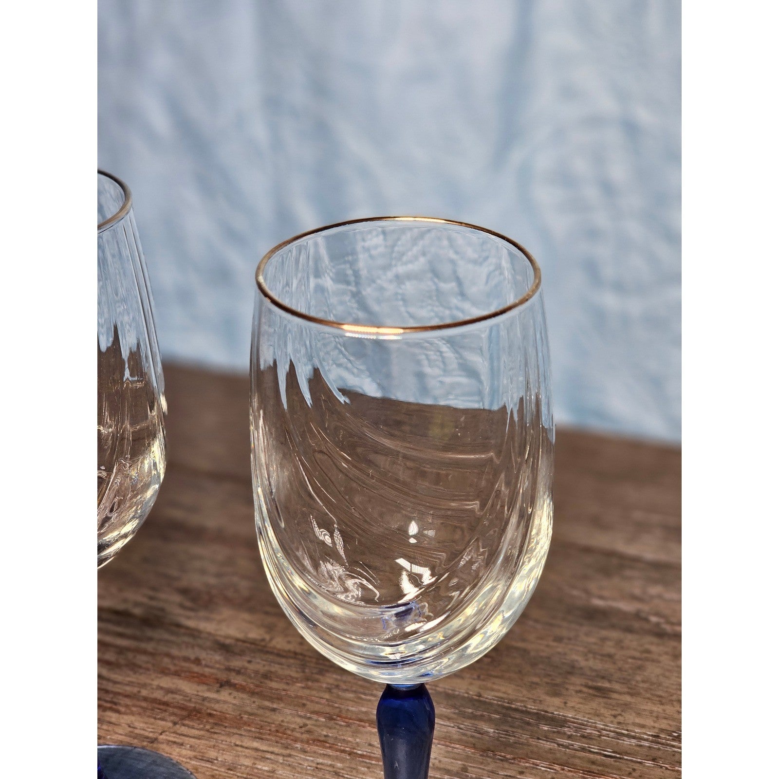 Vintage Blue Stem Wine Glasses Set of 2 Gold Rim Clear Bowl 8 Inch