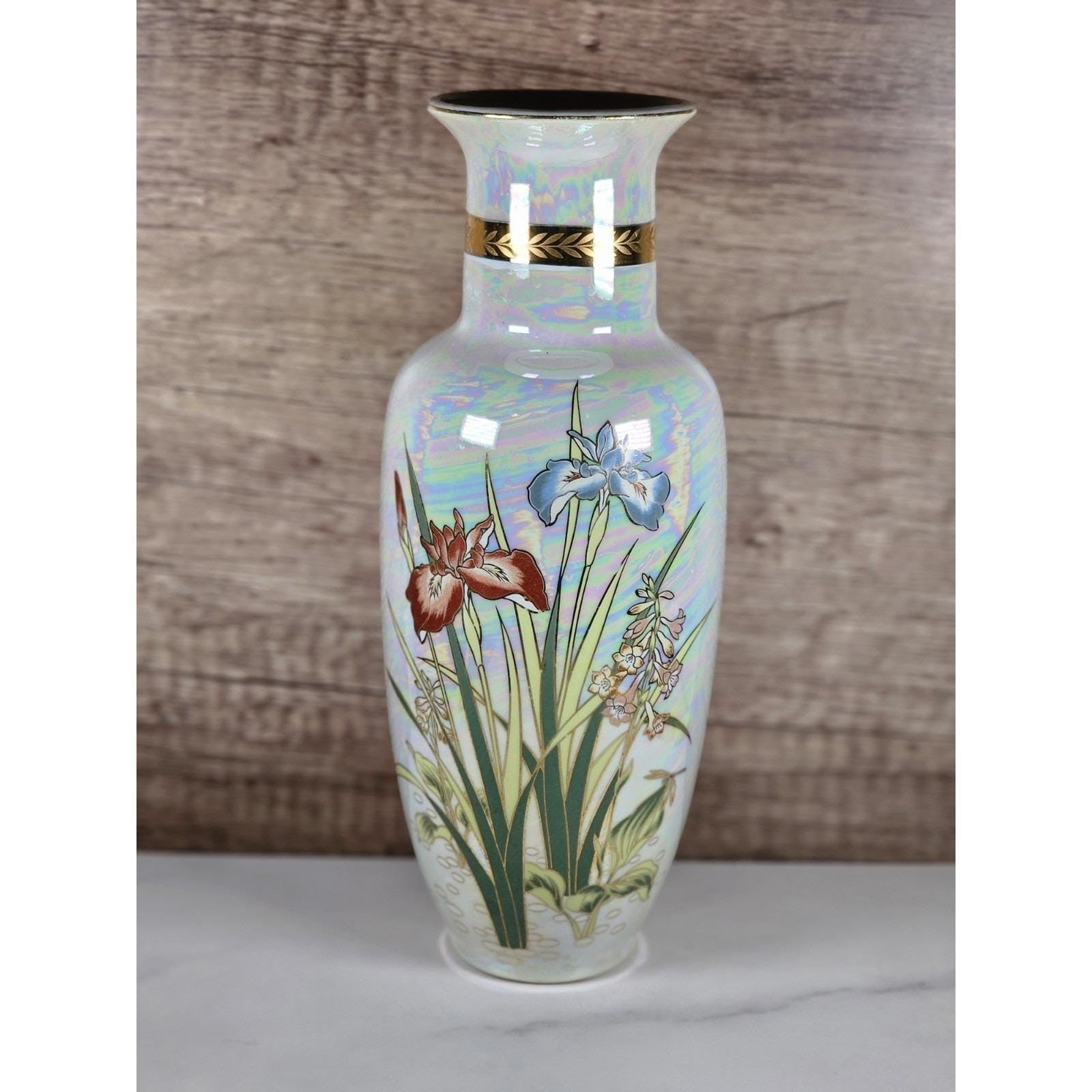 Vintage Japanese Iris Vase Hand Painted Floral Gold Trim