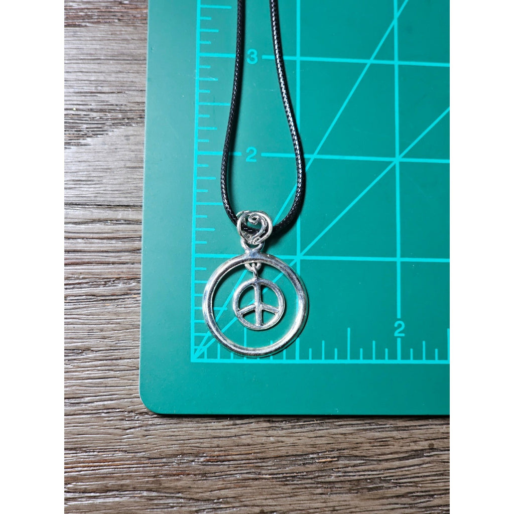Vintage Peace Symbol Pendant Necklace Silver Tone Boho Jewelry