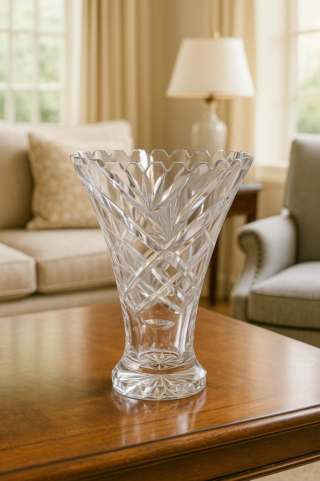 Heavy 7″ Crystal Vase with Etched Grape Cluster & Star Base – Elegant Vintage