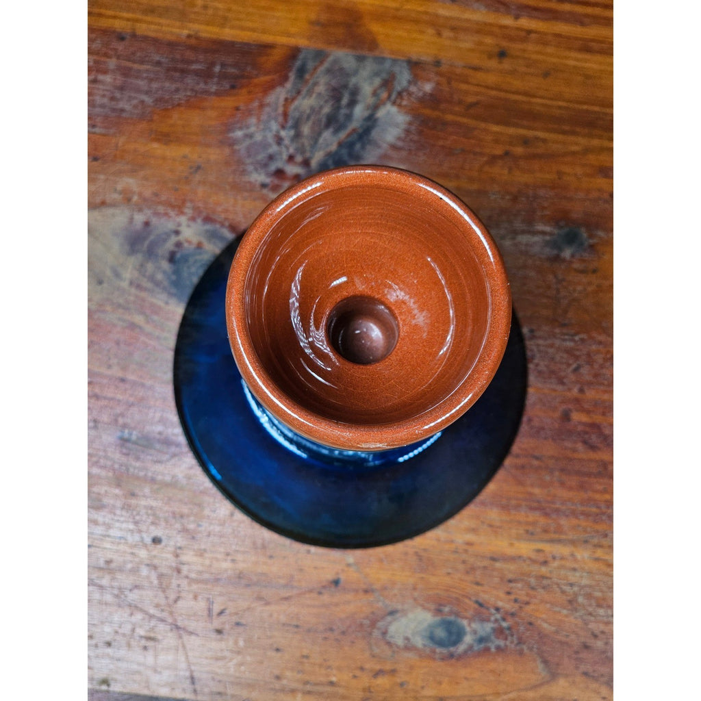 Vintage Nittsjo Sweden Egg Cup Blue Glass Base Hand Painted Ceramic Top