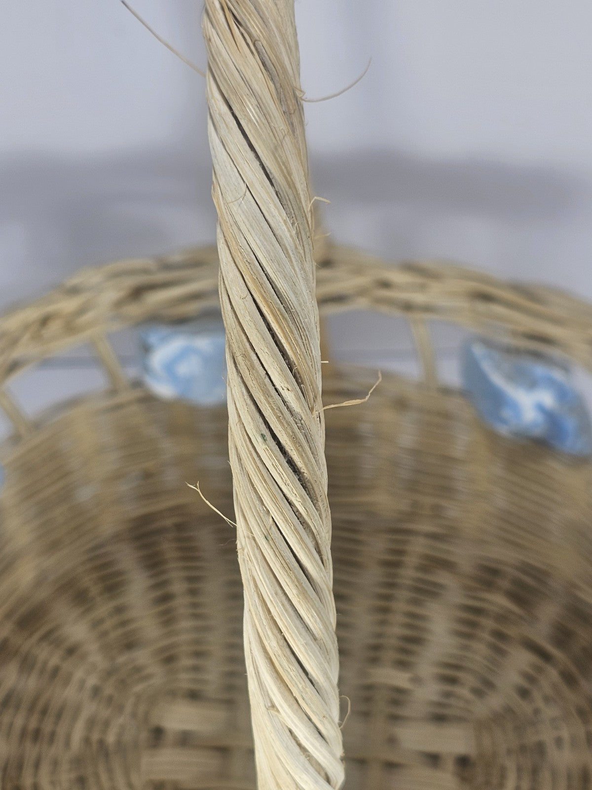 Vintage Wicker Basket with Blue Painted Conch Shells 13″ x 15″ Coastal Rustic