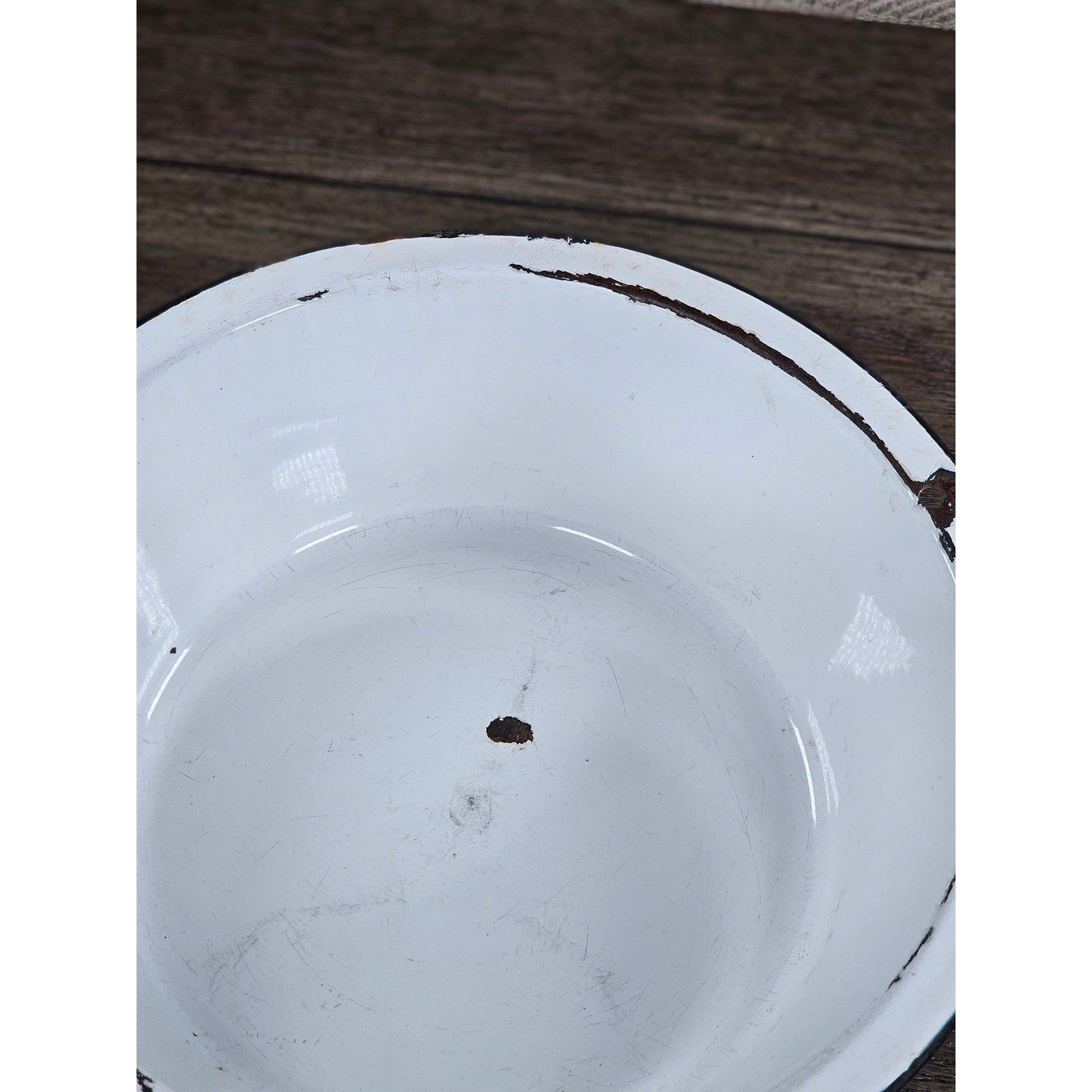 Vintage White Enamel Wash Basin Bowl Black Rim Rustic Farmhouse