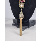 Vintage Gold Tone Red Cabochon Necklace with Faux Pearl Tassel Pendant