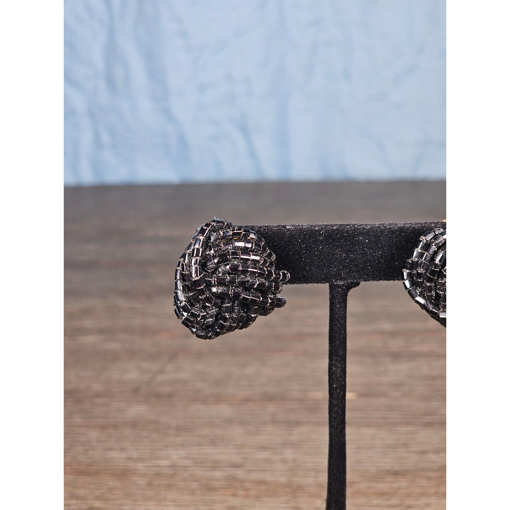 Vintage Black Beaded Knot Stud Earrings Gold Tone Post Statement
