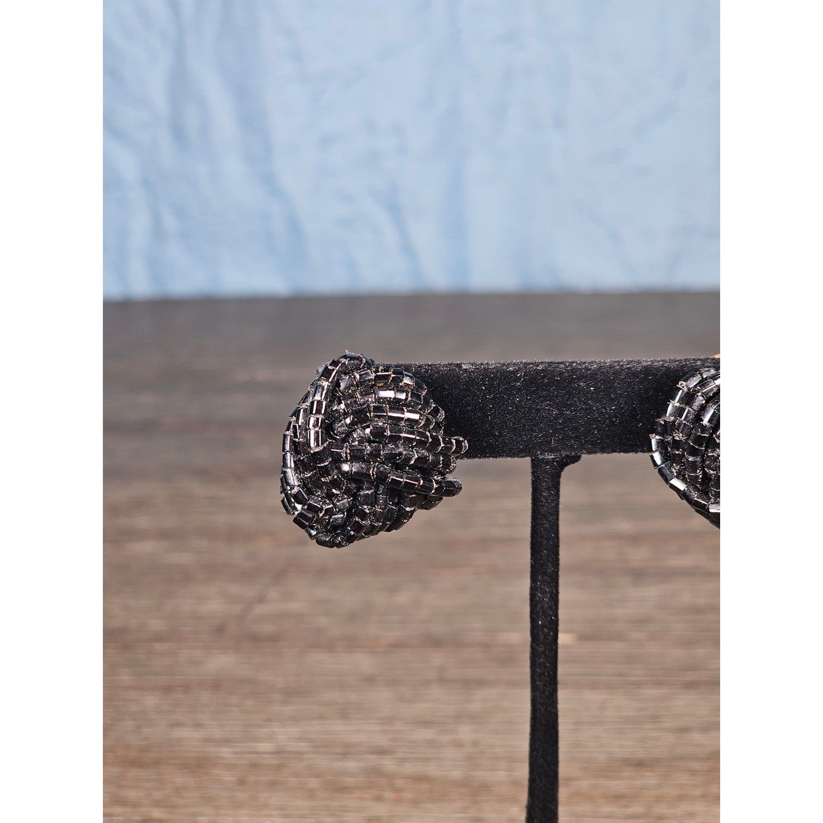 Vintage Black Beaded Knot Stud Earrings Gold Tone Post Statement