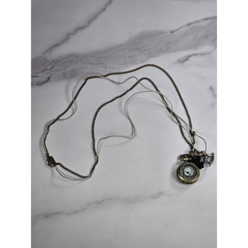 Vintage Pocket Watch Necklace Long Chain Eiffel Tower Charm Quartz