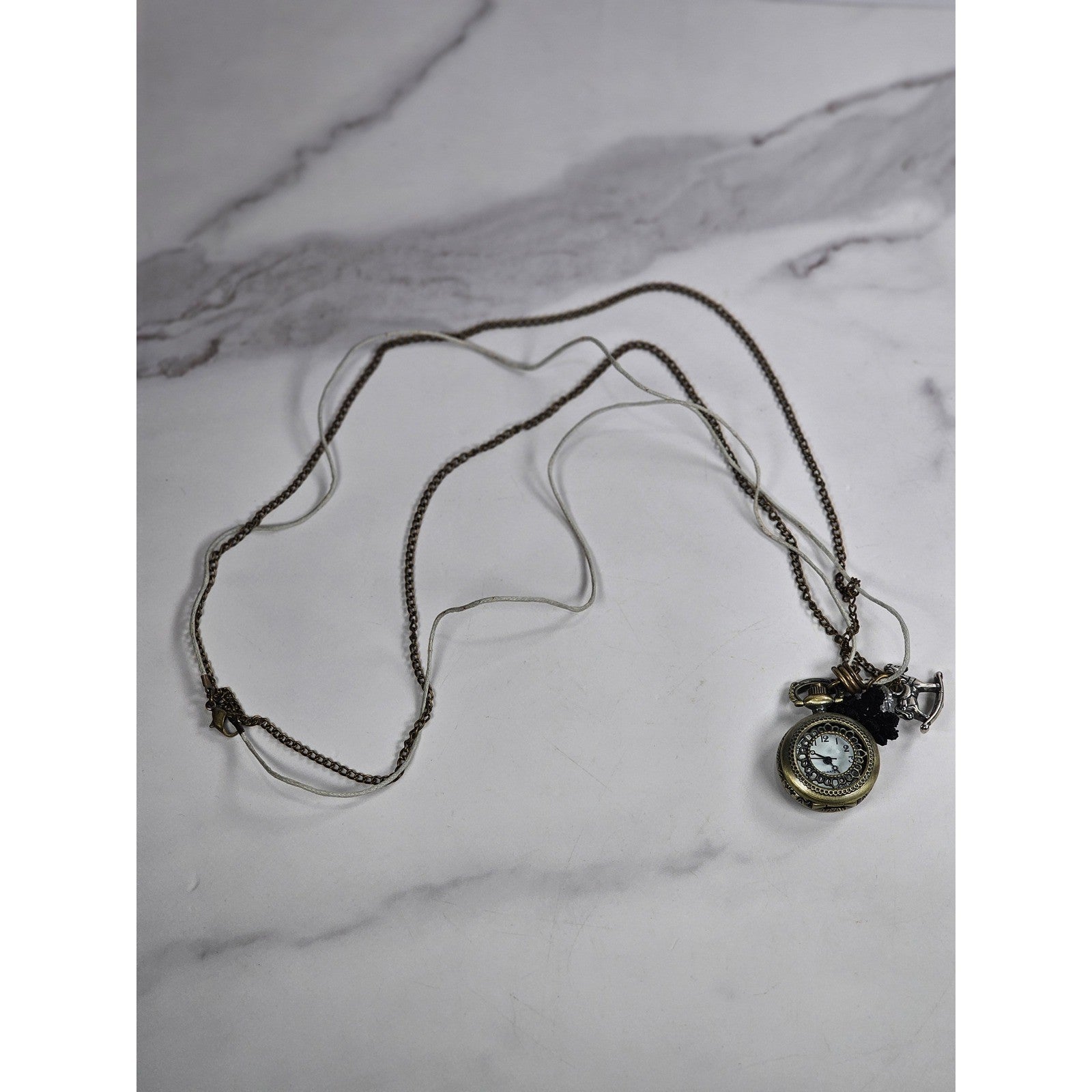 Vintage Pocket Watch Necklace Long Chain Eiffel Tower Charm Quartz