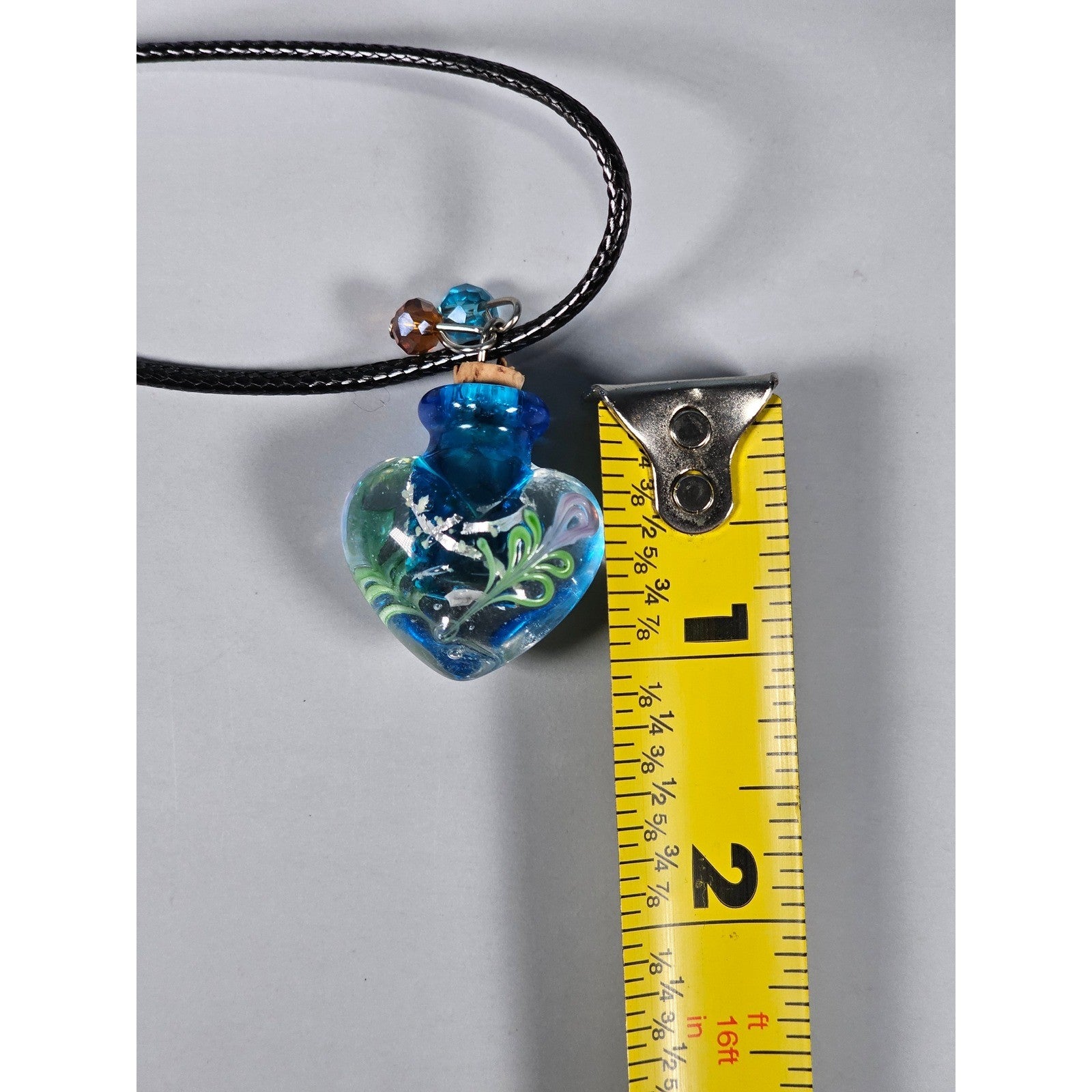 Vintage Glass Heart Bottle Pendant Necklace with Black Cord