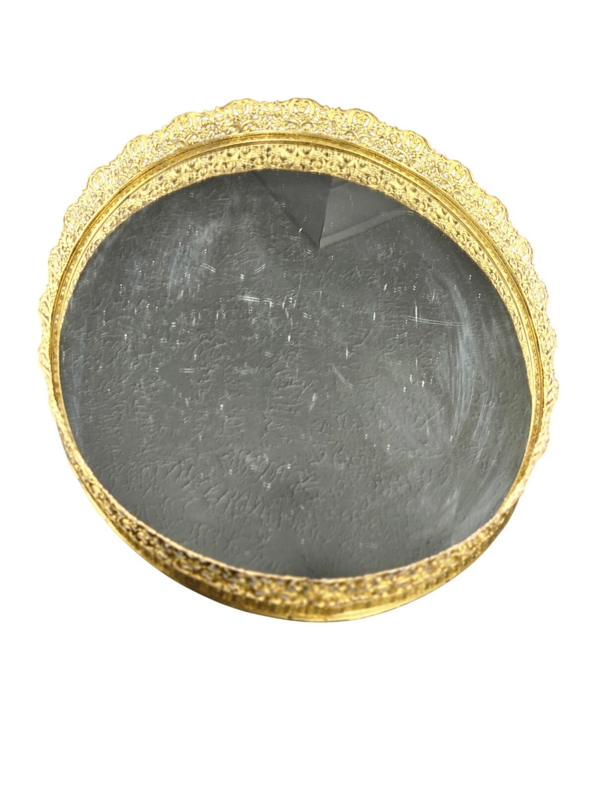 Vintage Oval Mirror Vanity Tray With Ornate Gold Filigree Design