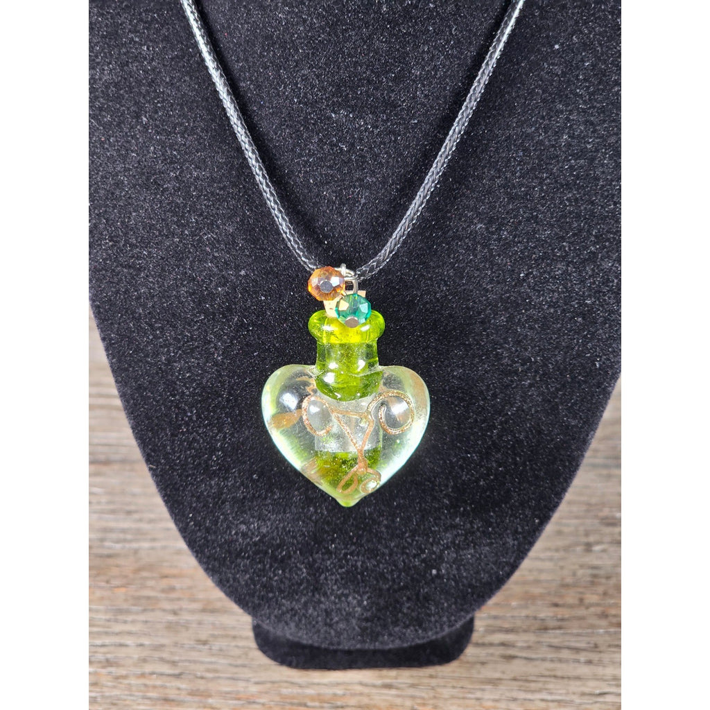 Green Glass Heart Bottle Necklace with Cork Stopper on Black Cord