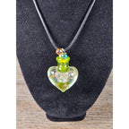 Green Glass Heart Bottle Necklace with Cork Stopper on Black Cord