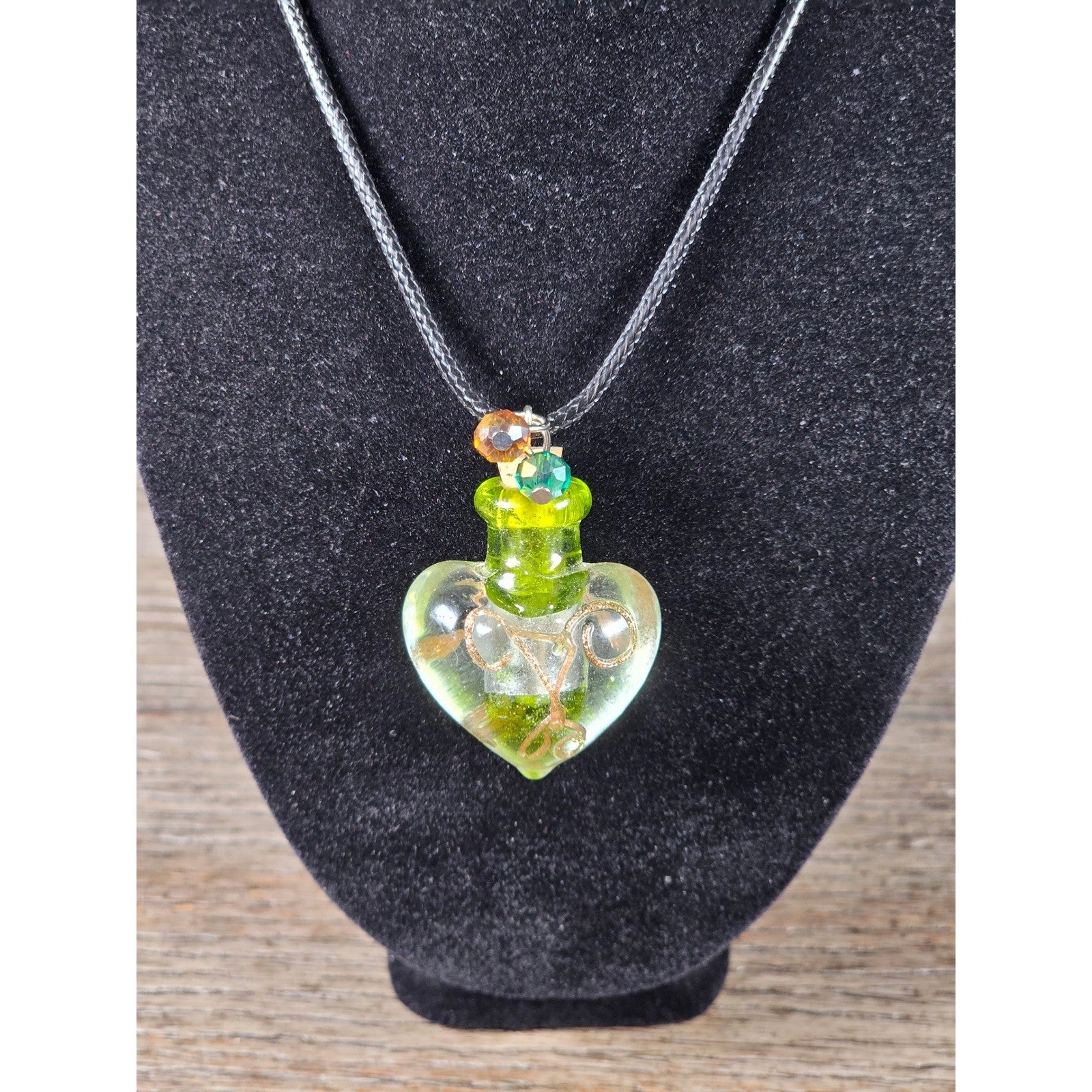 Green Glass Heart Bottle Necklace with Cork Stopper on Black Cord