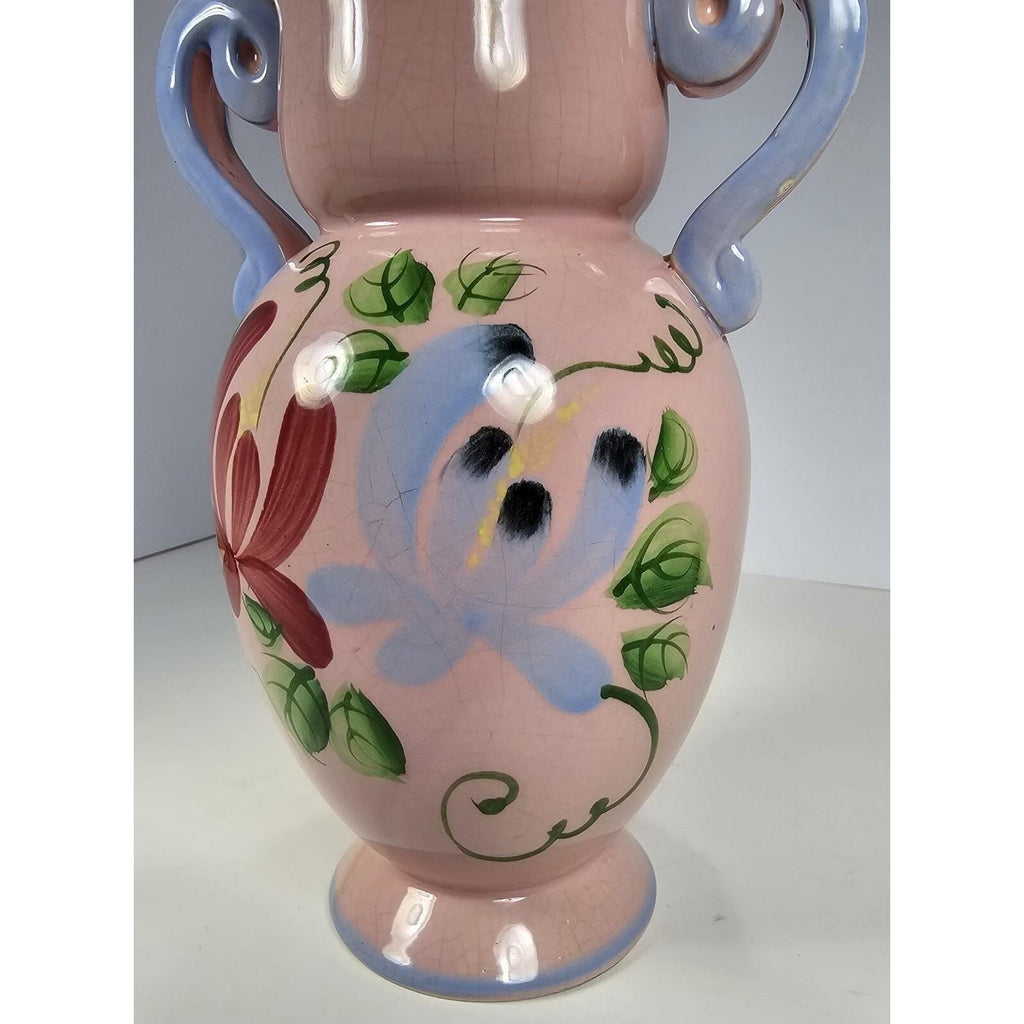 Vintage Pink Crackle Glaze Vase Blue Handles Floral Ceramic