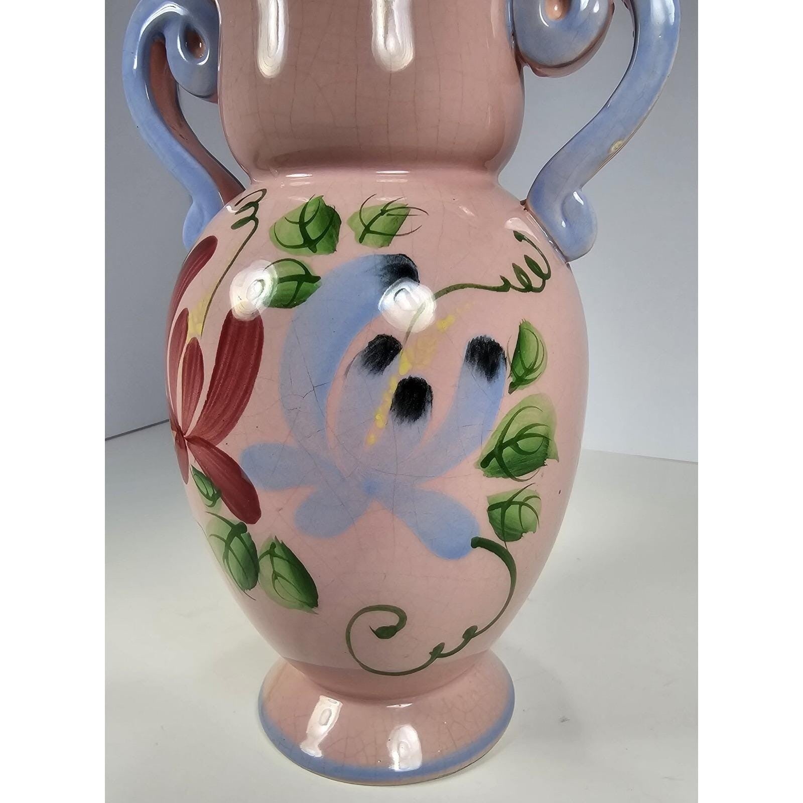 Vintage Pink Crackle Glaze Vase Blue Handles Floral Ceramic