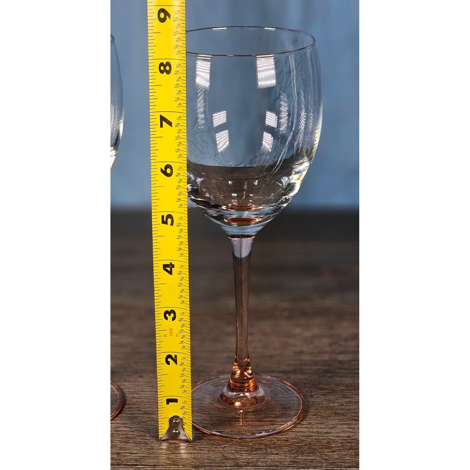 Vintage Pink Stem Wine Glasses Set of 2 Clear Bowl 8.5 Inch