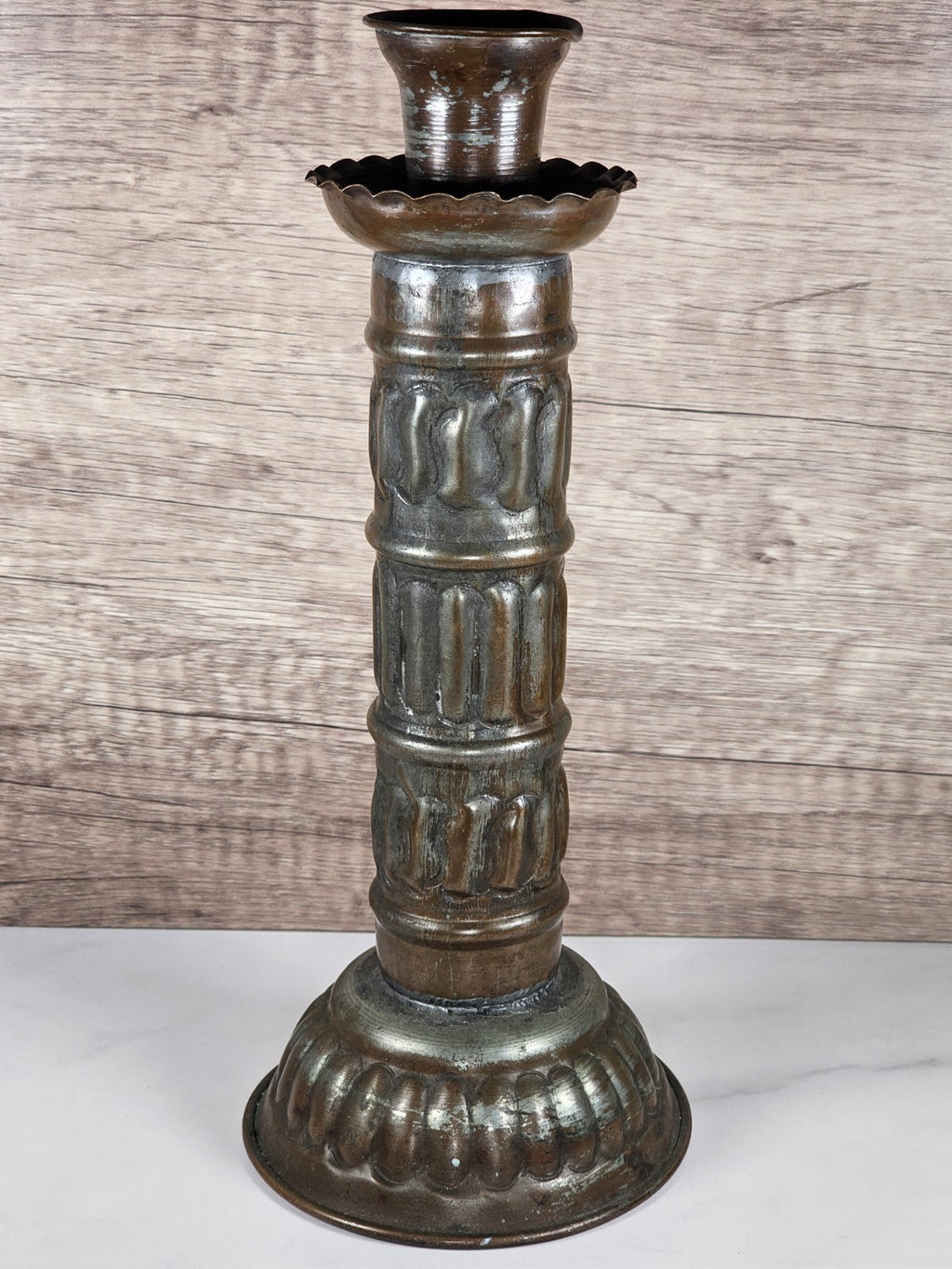 Antique Tinned Copper Candlestick Holder Ornate Embossed Design 12" Tall