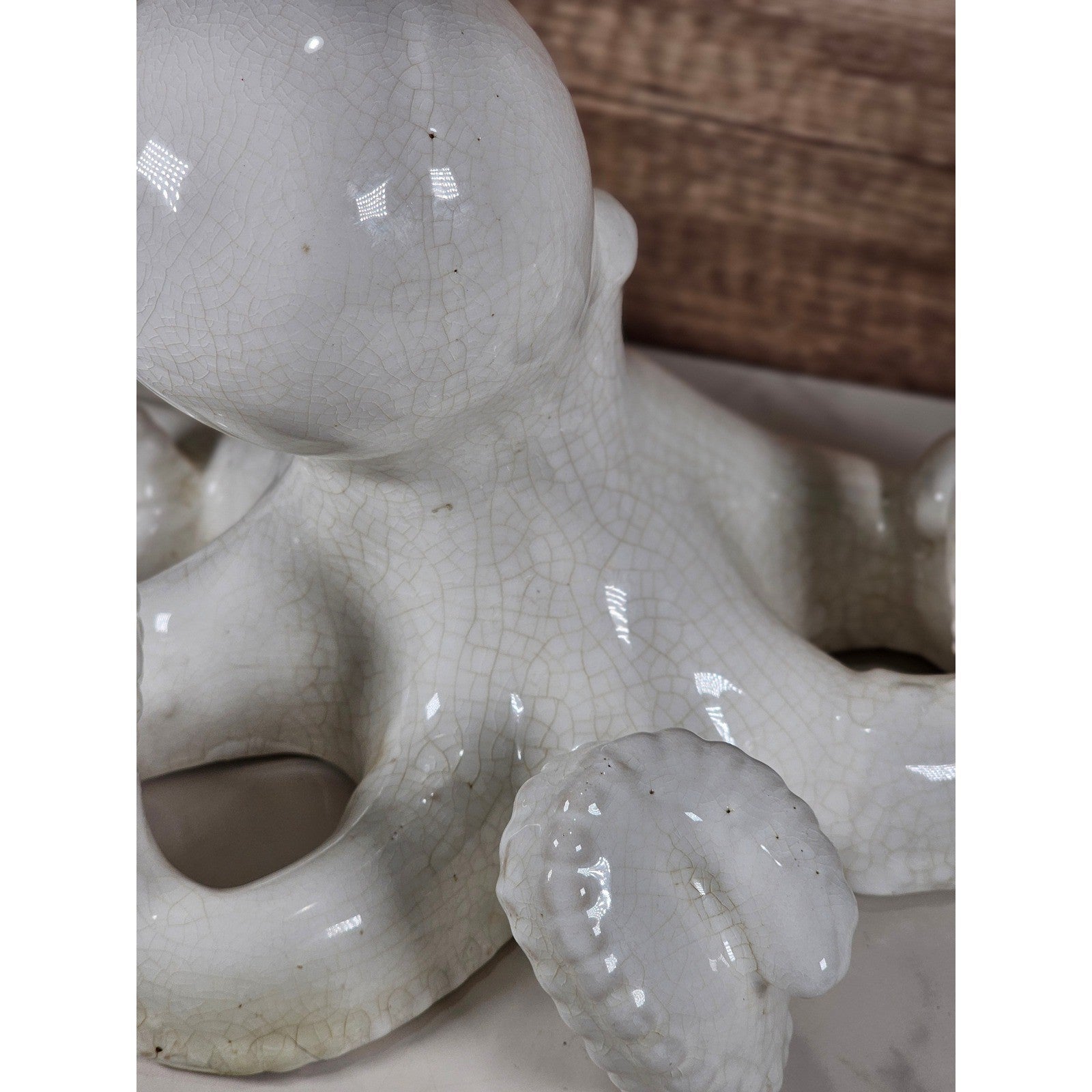 White Crackle Glaze Ceramic Octopus Figurine Nautical Coastal Home Decor Accent