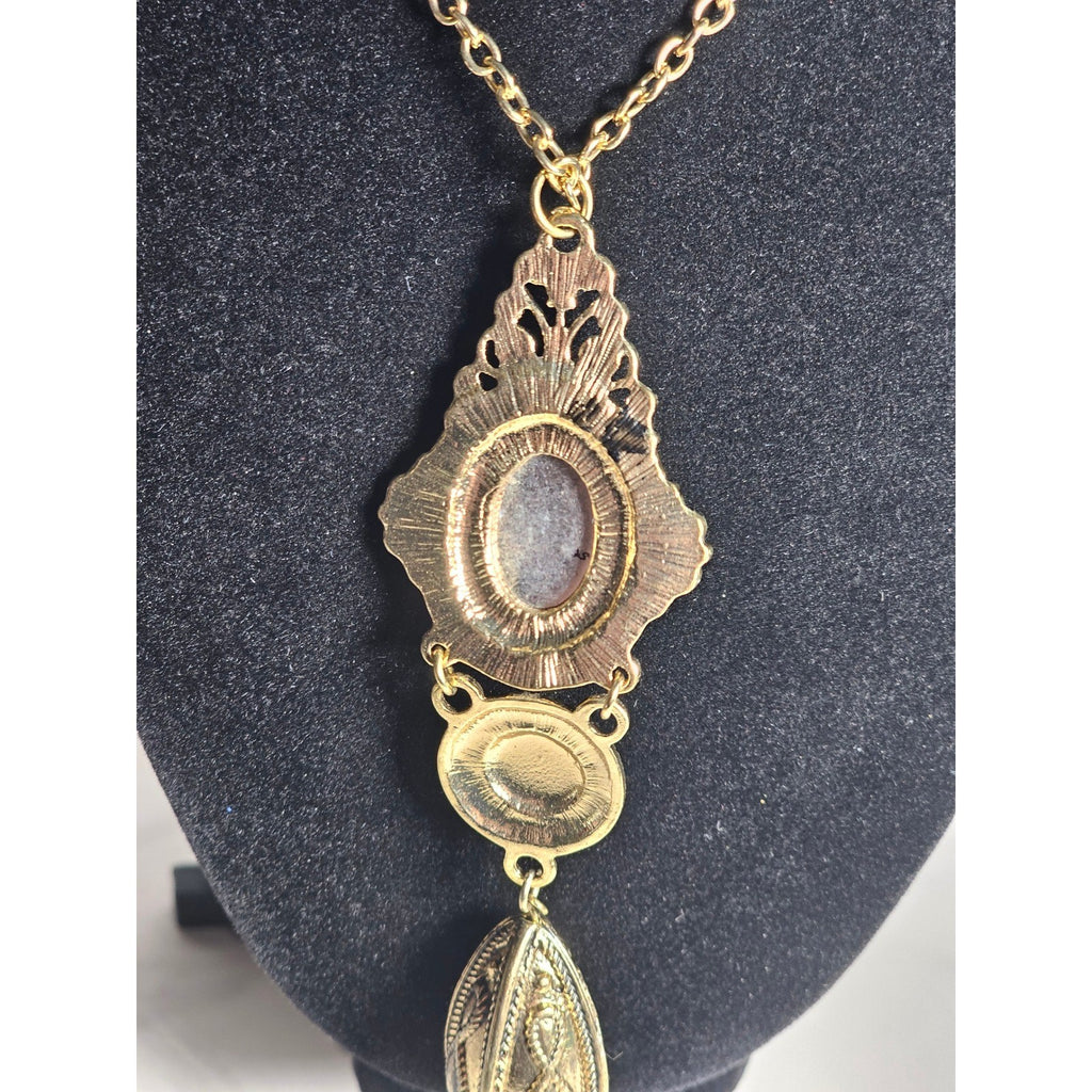 Vintage Gold Tone Red Cabochon Necklace with Faux Pearl Tassel Pendant