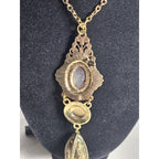 Vintage Gold Tone Red Cabochon Necklace with Faux Pearl Tassel Pendant