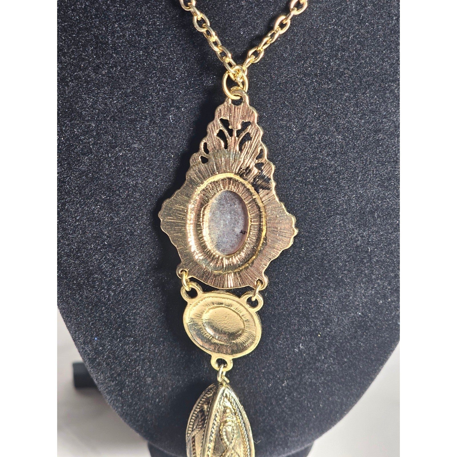 Vintage Gold Tone Red Cabochon Necklace with Faux Pearl Tassel Pendant