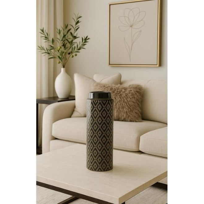 Vintage Black White Diamond Glass Vase Tall 15.6" Geometric Pattern