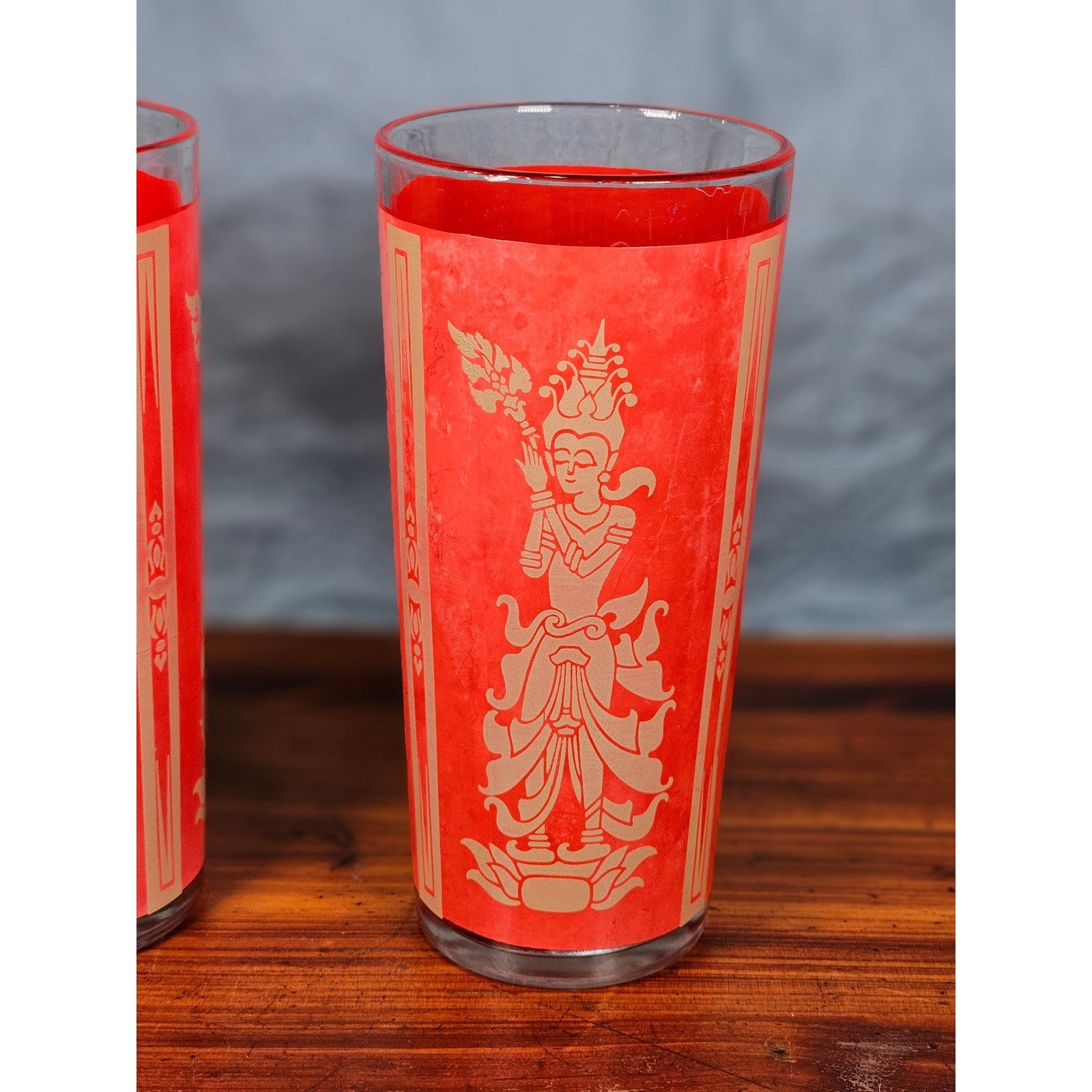 Vintage Red Asian Dancer Gold Glasses Set of 2 Tall Drinking Tumblers